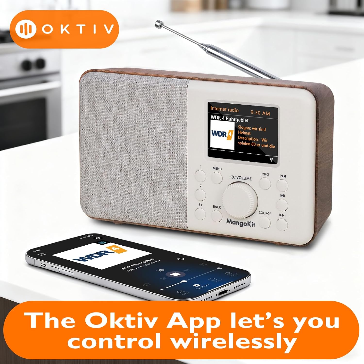 SR10 WiFi Radio, Bluetooth, FM & Internet, Walnut | 60 presets, dual alarms, colour display, OKTIV App control, podcast player, mains or AA battery, headphone jack, compact