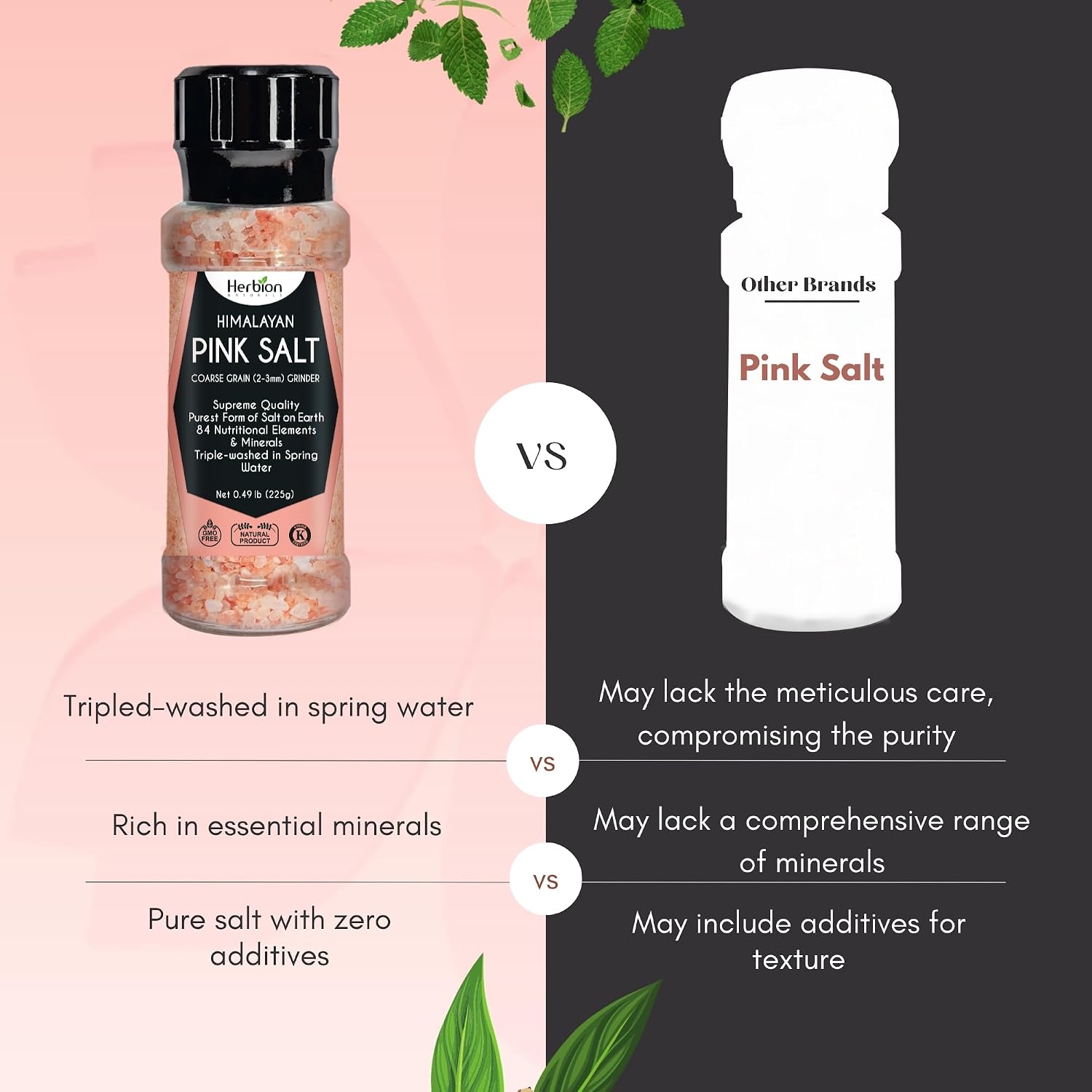 HERBION Naturals Himalayan Pink Salt Jar Fine Grain, GMO Free, Supreme Quality Chemical Free, Vegan, Kosher Certified, Fine Grain All Natural Salt