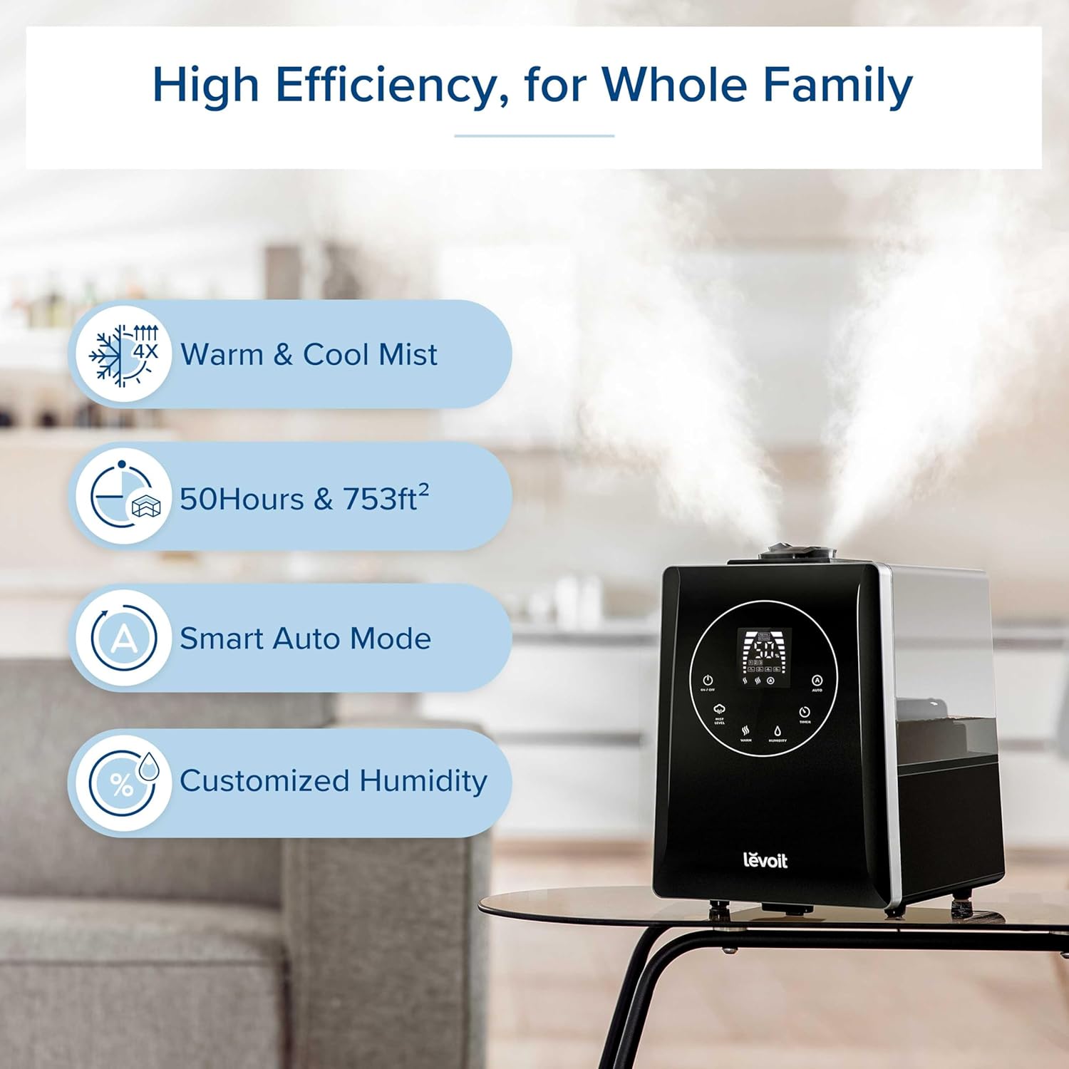 Levoit Humidifiers for Bedroom Large Room, 6L, 60H Runtime, 26dB, Smart App