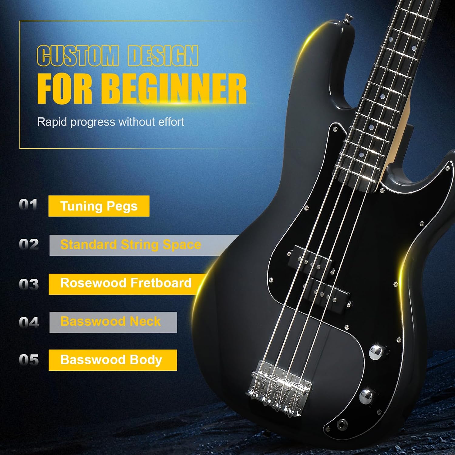 GLARRY Full Size Electric Bass Guitar Beginner Kit 4 String Exquisite Basswood Bass with 20W AMP, Cable, Strap, Bag and Accessories (Transparent Blue, 39"Right Handed)
