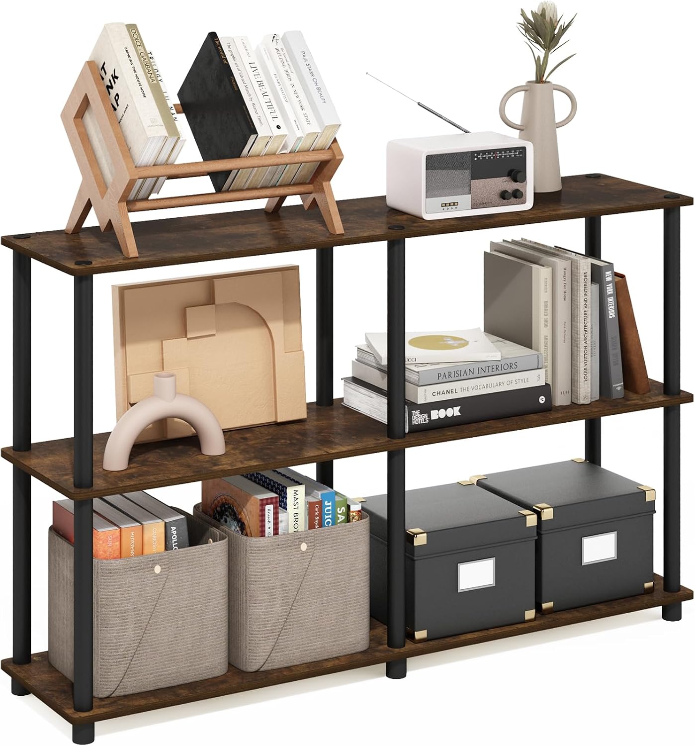 Furinno TURN-N-TUBE Storage Shelves, 3-Tier 47.4 Wide Book Shelf, Corner Shelf, Toolless Open Shelves, for Organization and Storage, Living Room, Garage, Home Office, Black