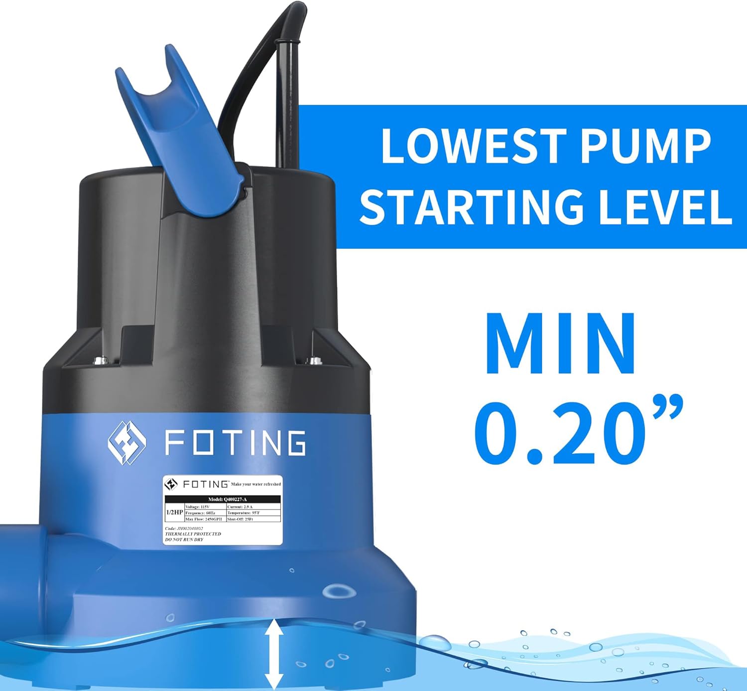 FOTING 1/2HP Submersible Water Pump with Stainless Steel Base - Removes Water to 0.04" Depth, 2450GPH Portable Sump Pump for Puddles, Pools, Boats