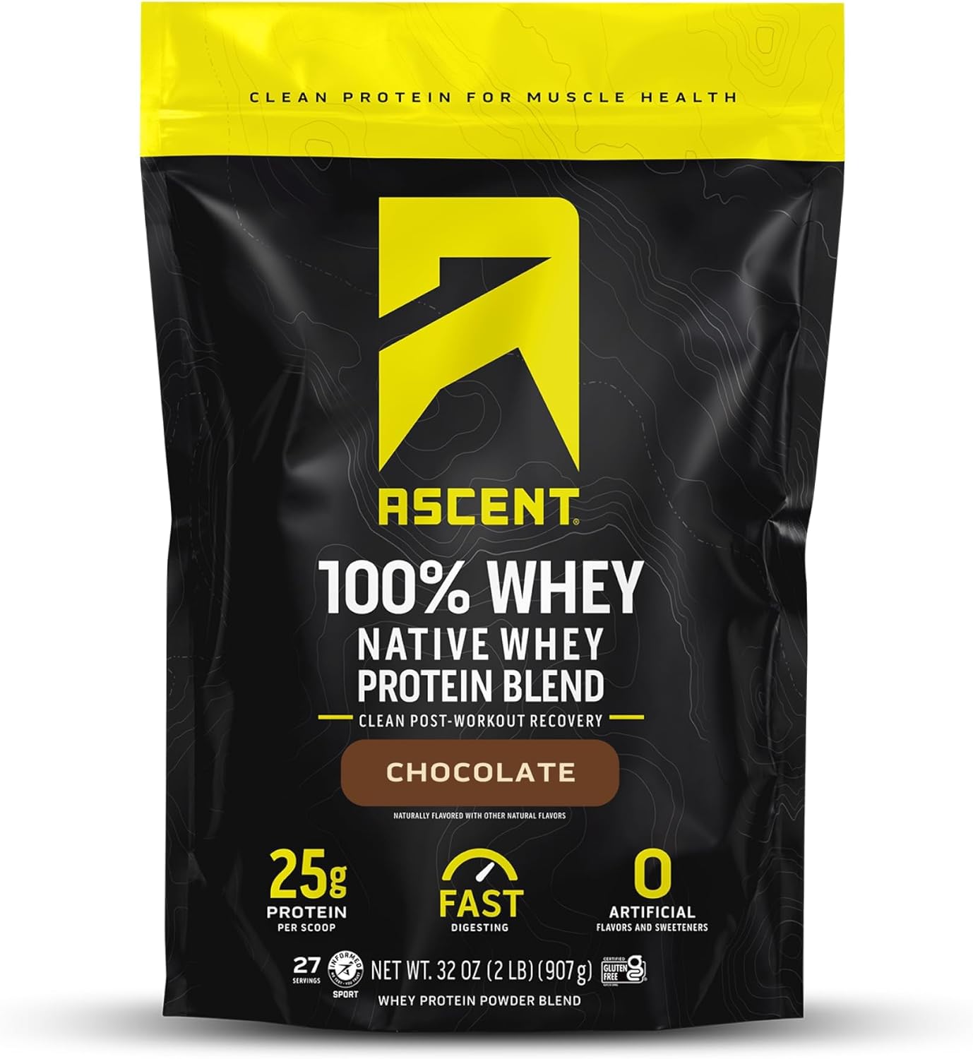 Ascent 100% Whey Protein Powder - Post Workout Whey Protein Isolate, Zero Artificial Flavors & Sweeteners, Gluten Free, 5.5g BCAA, 2.6g Leucine, Unflavored 2 lb