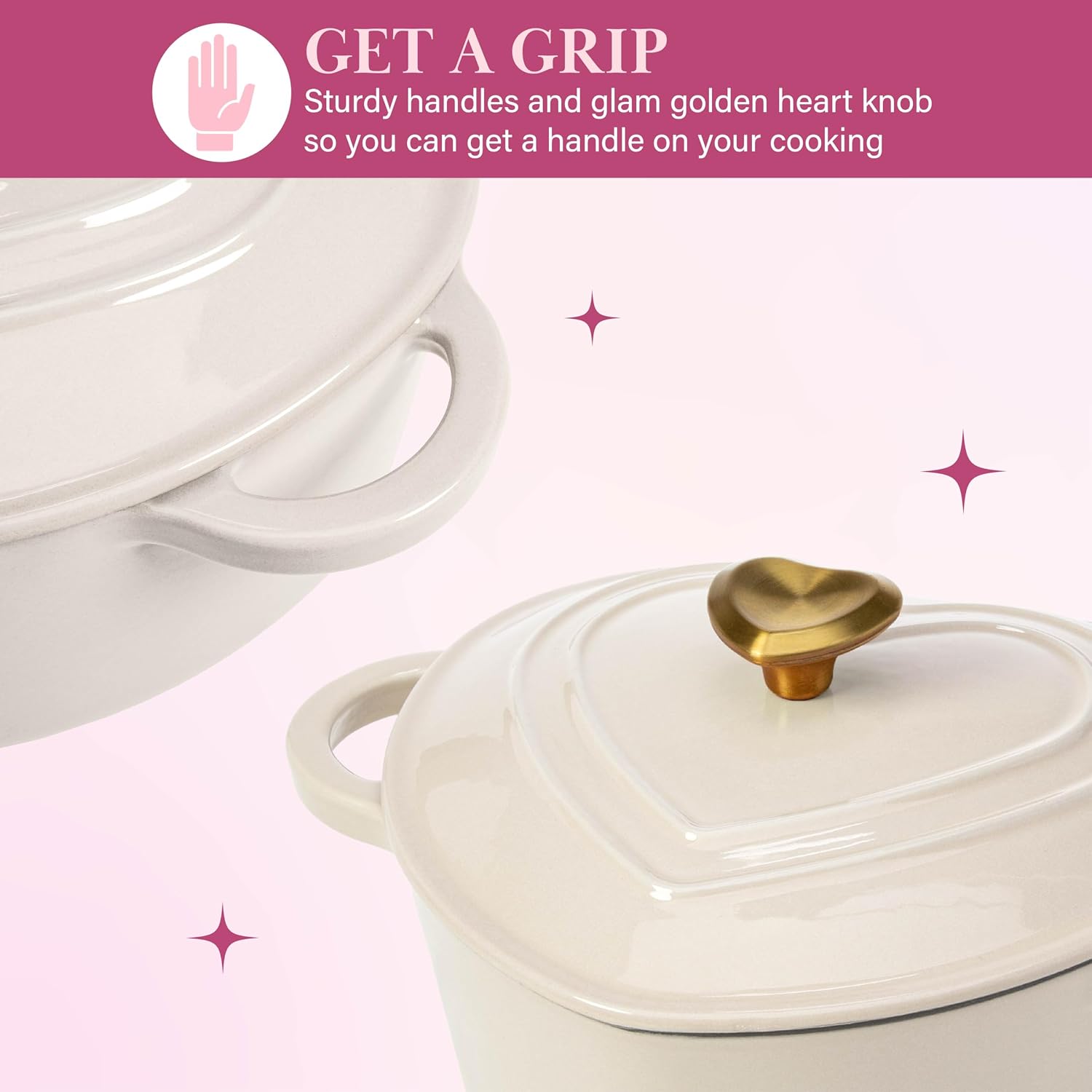 Paris Hilton Enameled Cast Iron Dutch Oven Pot with Lid, Heart-Shaped Dutch Oven, Durable Cast Iron Pot with Dual Handles, Oven Safe to 500°F, Works on All Stovetops, 2-Quart, Cream