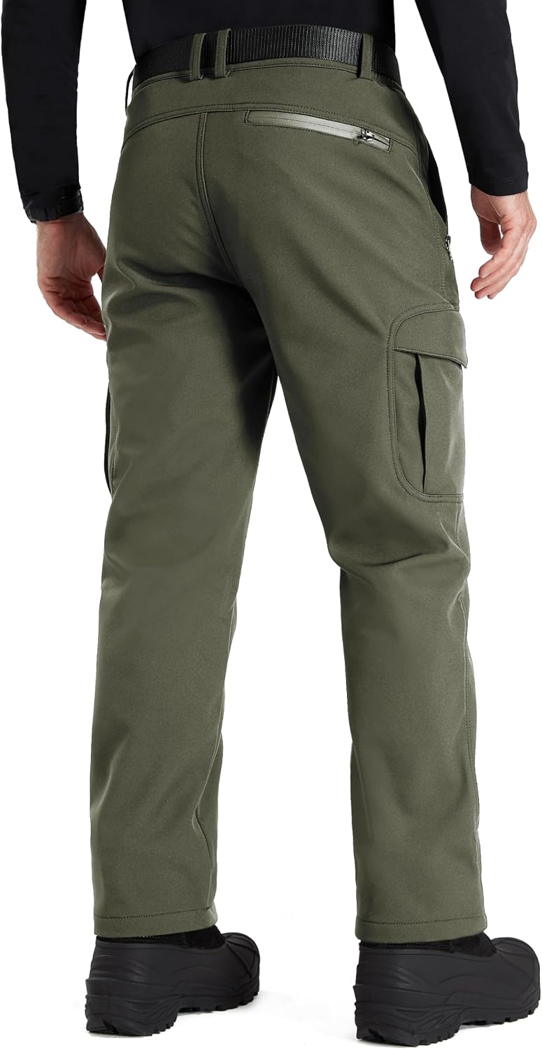 FREE SOLDIER Men's Outdoor Softshell Fleece Lined Cargo Pants | Snow Ski Hiking Pants with Belt, Waterproof Winter Pants, Insulated Work Pants, Breathable Windproof Insulated Pants