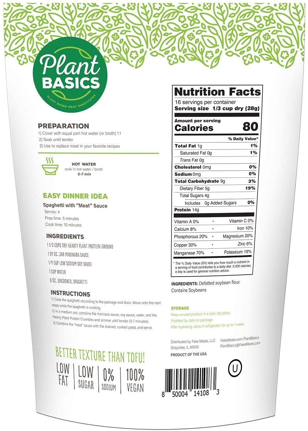 Plant Basics - Hearty Plant Protein - Unflavored Ground, 1 lb (Pack of 6), Non-GMO, Gluten Free, Low Fat, Low Sodium, Vegan, Meat Substitute