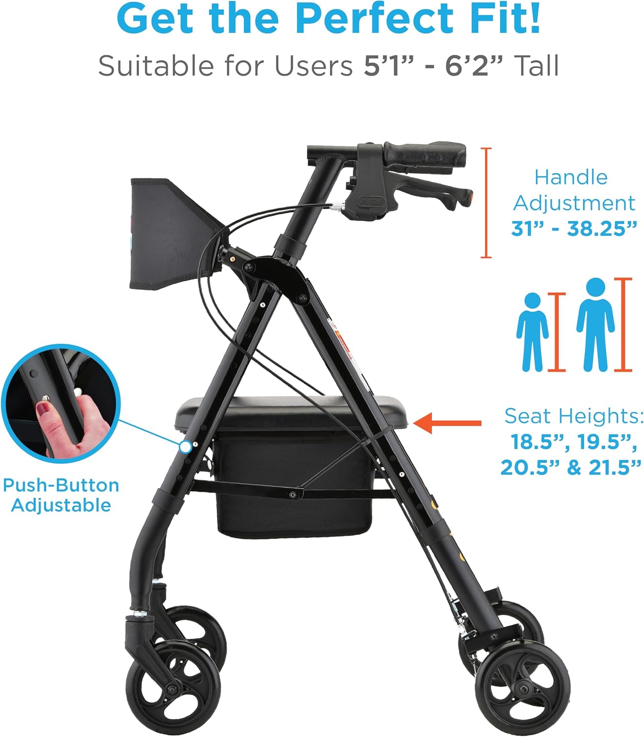NOVA Star 6 Foldable Rollator Walker for Seniors, Wide Padded Backrest with Seat, 6” All-Terrain Wheels, Easy-Grip Locking Hand Brakes, Height Adjustable, Blue