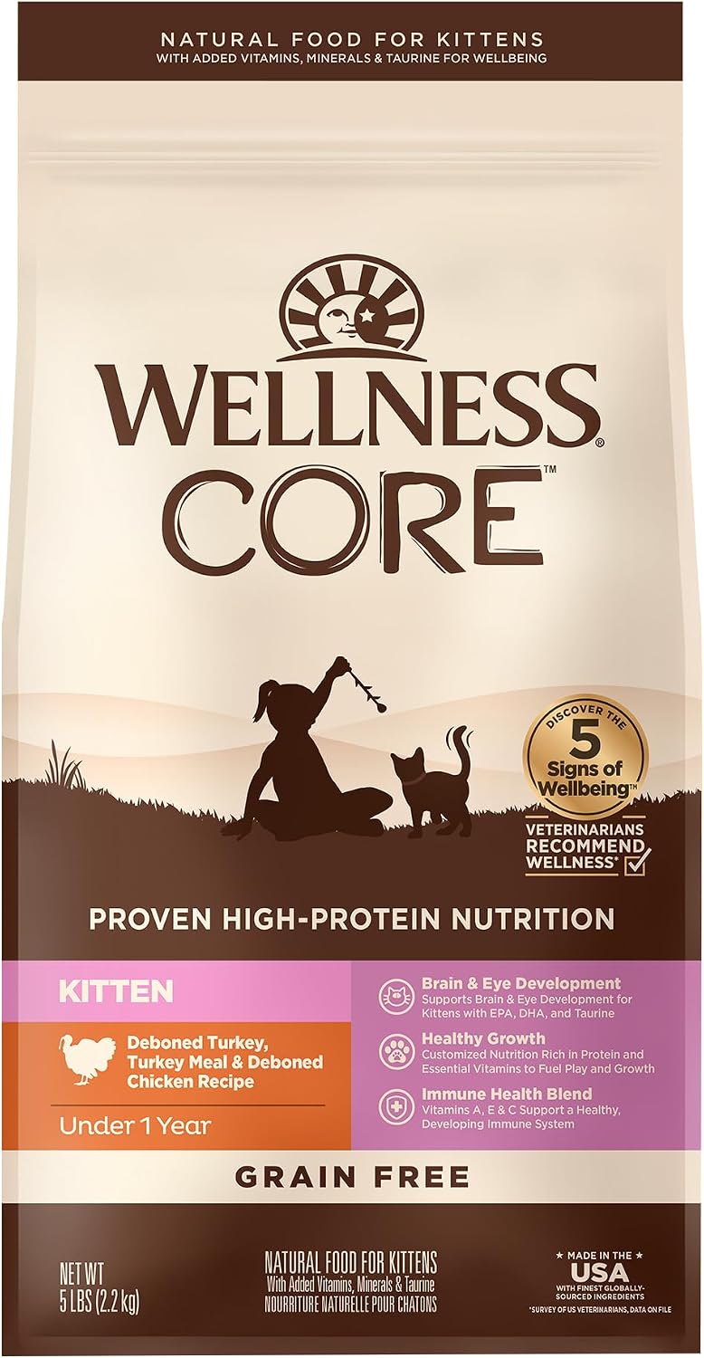 Wellness CORE+ Adult Dry Cat Food for Indoor Cats, Natural, Grain Free Kibble, Chicken, Turkey and Chicken Meal Recipe, 5 lb Bag