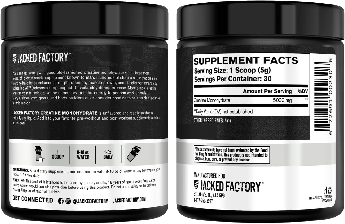 Jacked Factory Creatine Monohydrate Powder 425g - 5g Daily Micronized Creatine Monohydrate for Men and Women, Vegan-Friendly