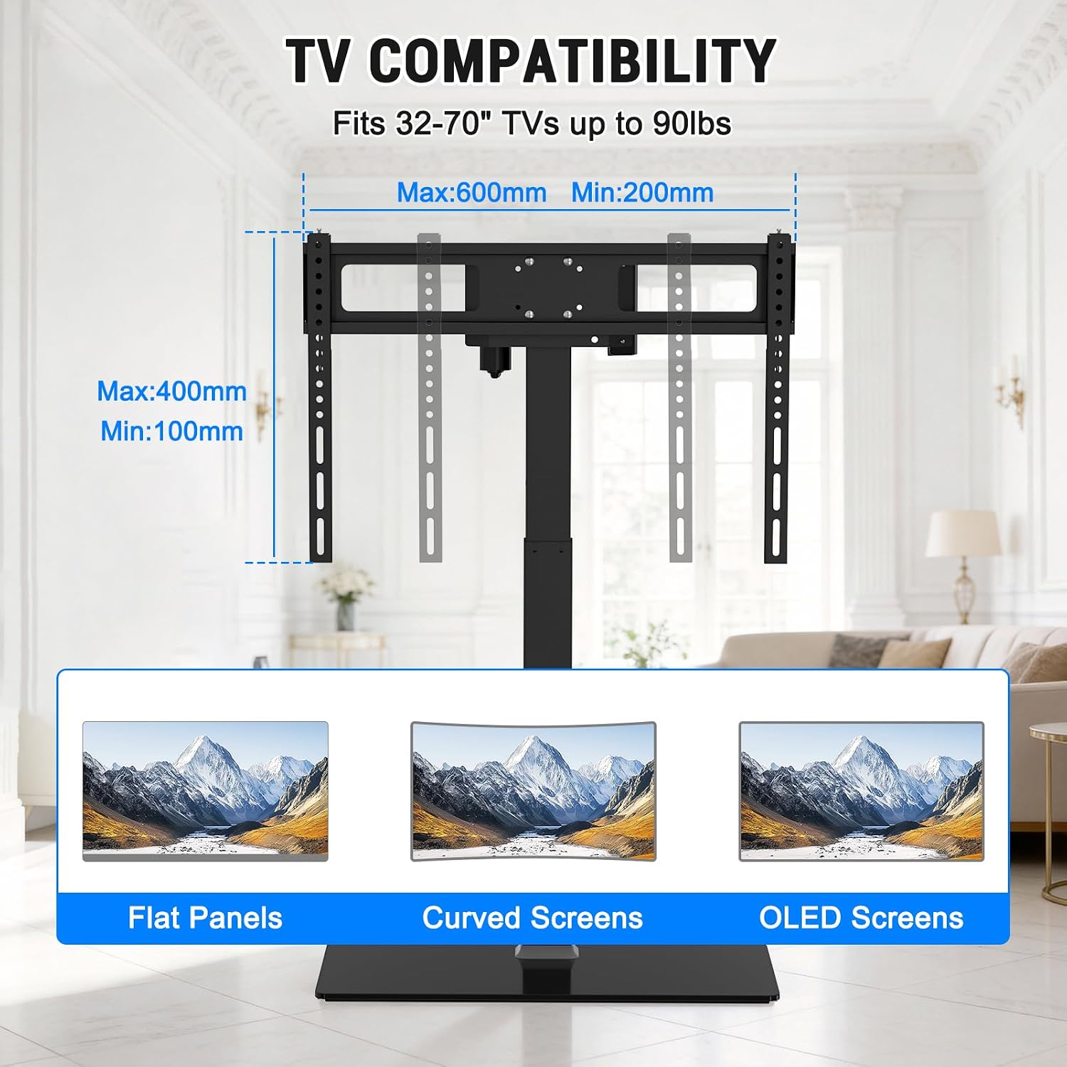 XINYAO Motorized TV Stand, Electric Height Adjustable Tabletop Mount | TV Lift Fit 32"–70" TVs up to 90 lbs, 3 presets for sit/stand/game