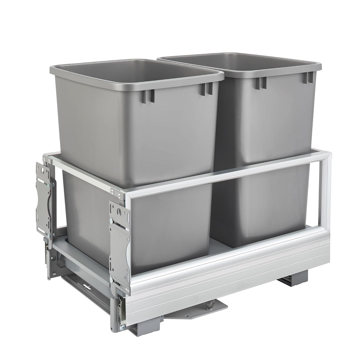Rev-A-Shelf Double 50 Qt Pull Out Trash Can w/Soft-Close for Base Kitchen Cabinets, Min Opening Width of 15.75", Silver, 5149-2150DM-217