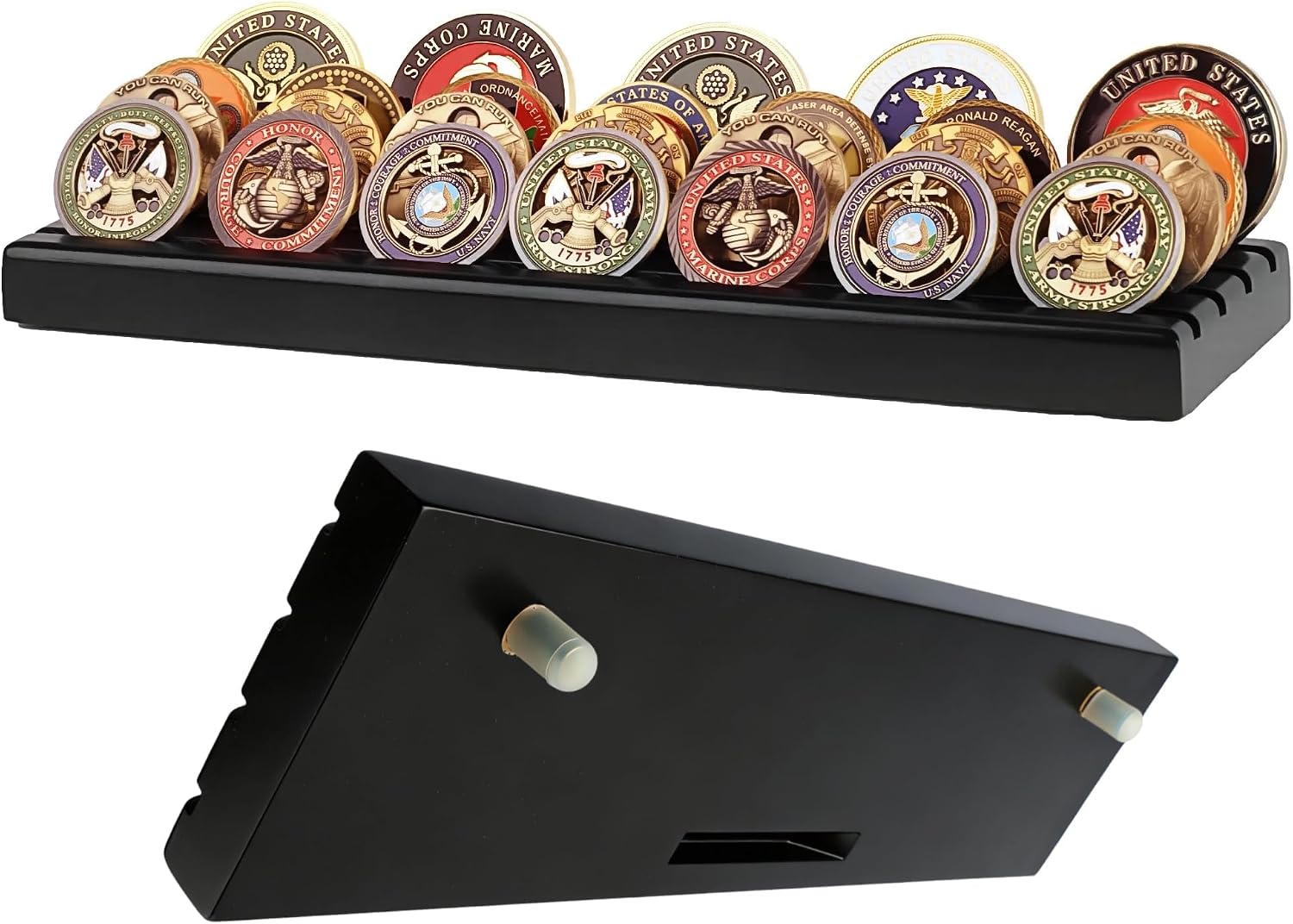 DisplayGifts Challenge Coin Display Stand 4 Row Wooden Holder Rack Case Holds 28 Coins Walnut Finish