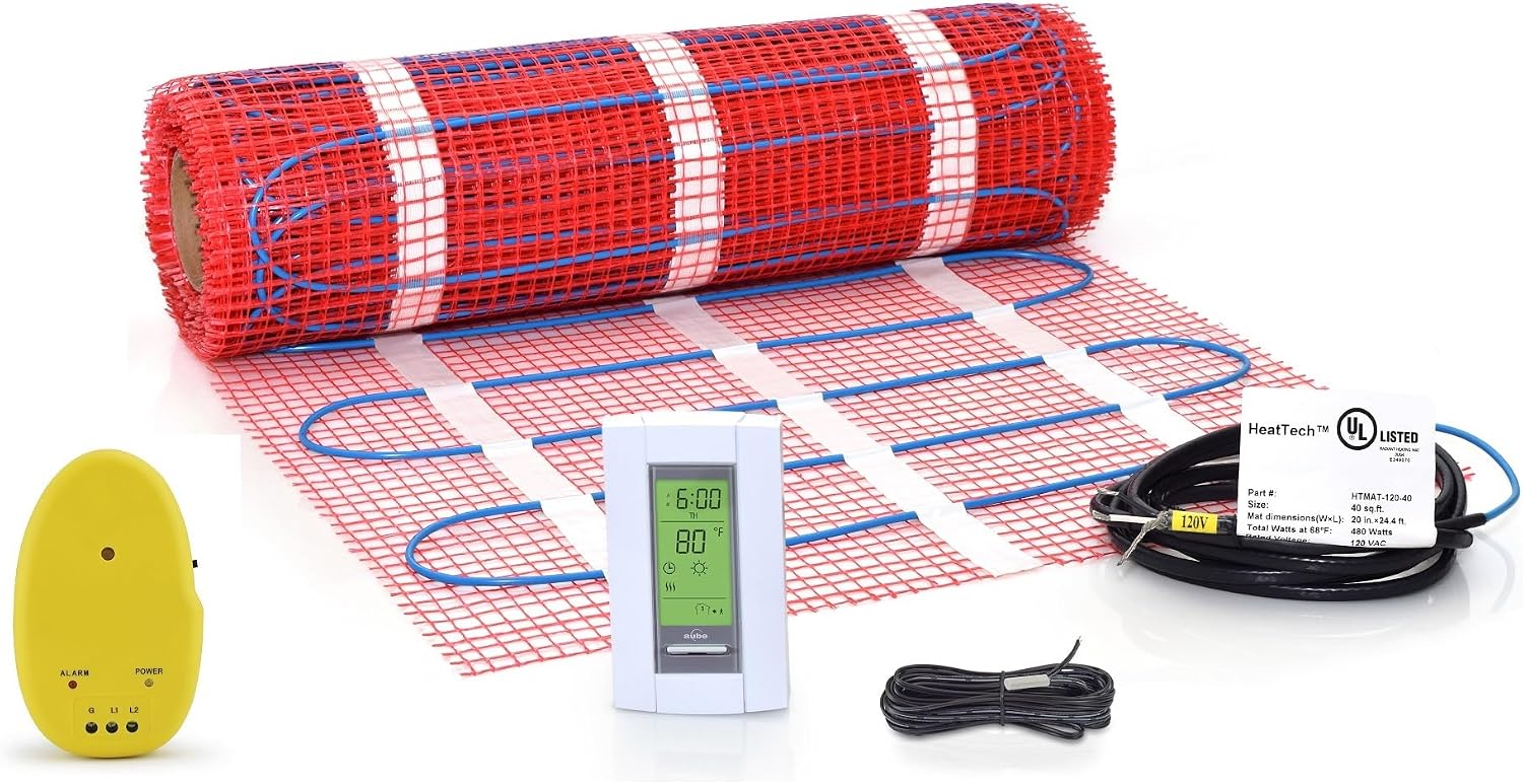 35 sqft Floor Heating Mat Kit, 120V Electric Radiant Floor Heat Heating Mat System with Adhesive Backing, Aube TH115-AF-120S Programmable Floor Sensing Thermostat w/Floor Sensor. Tile, Stone, Marble