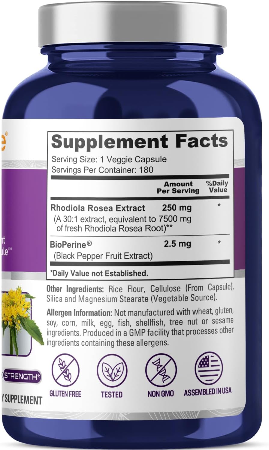 Rhodiola Rosea, Non-GMO, vegan, 250mg, 180 Veggie Capsules - 180 Servings | Plant Based 30:1 Extract, BioPerine, Suitable for Adults