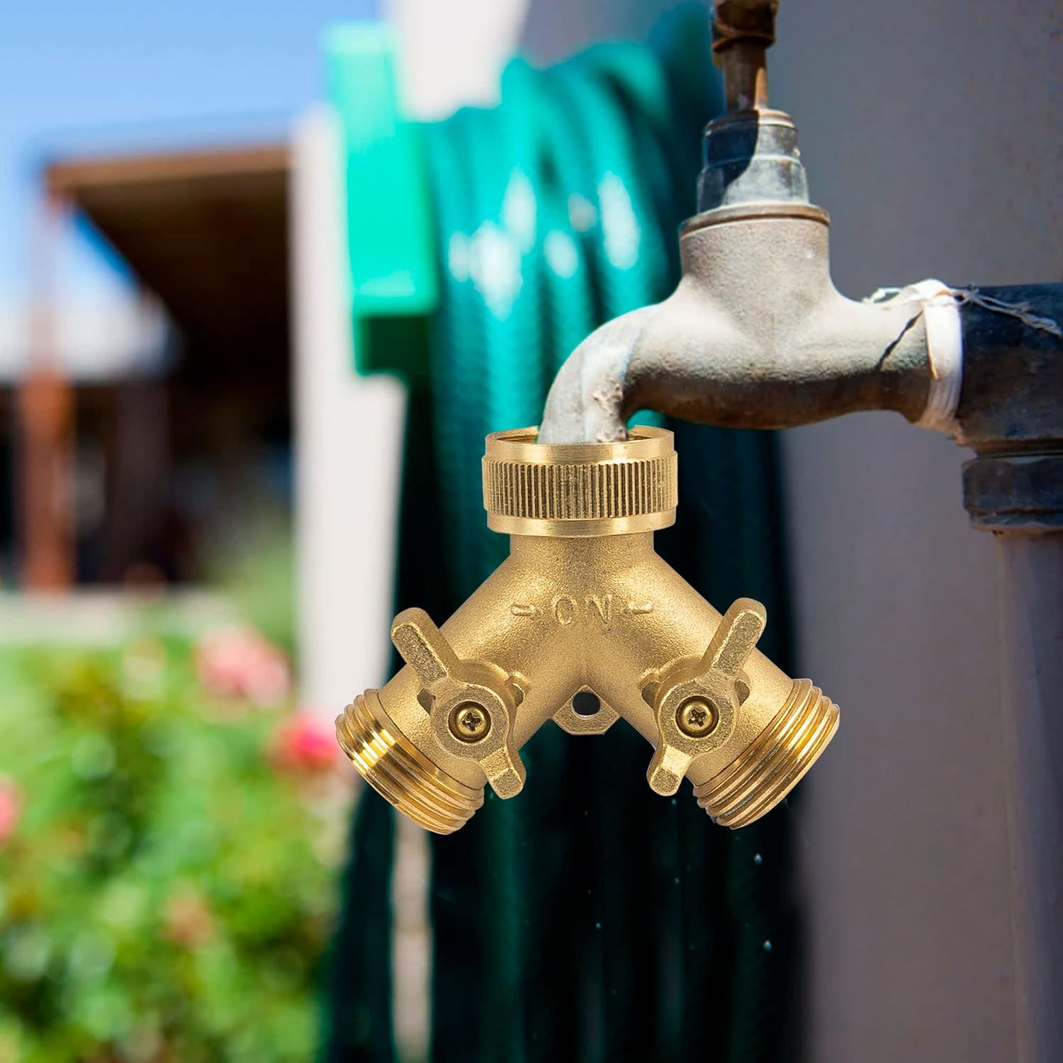 Hourleey Brass Garden Hose Splitter (4 Way), Solid Brass Hose Connector 3/4", Hose Spigot Adapter 4 Valves with 4 Extra Rubber Washers