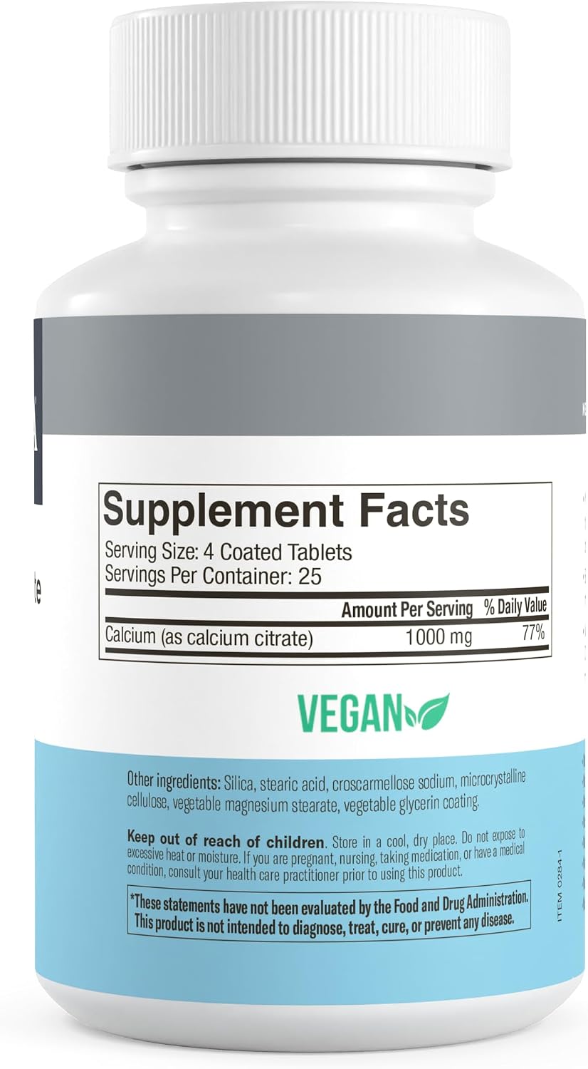 FREEDA Calcium Citrate 1000mg Supplement for Bone Support – 250 Tablets | Supports Bone Strength, Teeth, & Muscle Function – Highly Absorbable Calcium Formula – No Vit D, Vegan, Kosher, Made in USA