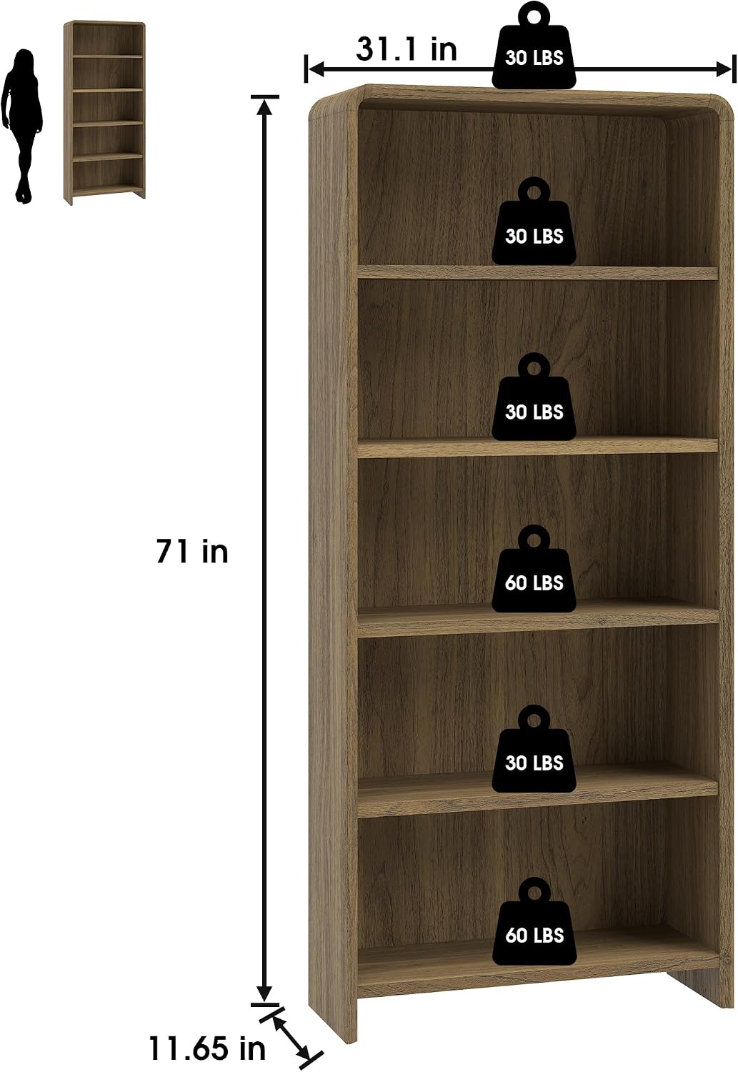 Bevfint 44" Bookcase Tall 3 Shelves Wood Bookshelf with Curved Soft Edges, Heavy Duty Storage Cabinet for Professional Home Office and Living Room, Modern Natural Oak Grain Finish
