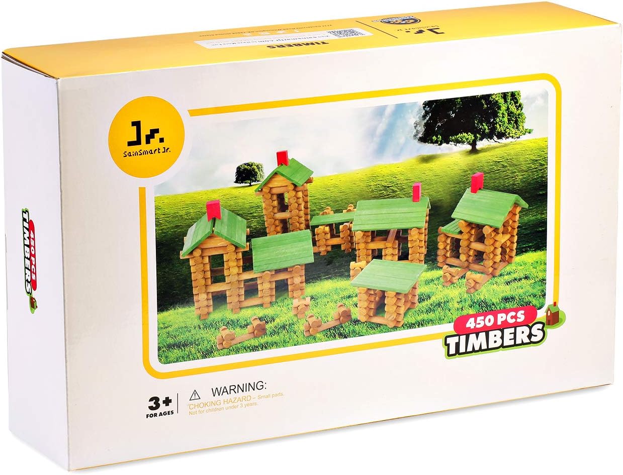 SainSmart Jr. 450 PCS Wooden Log Cabin Set Building House Toy for Toddlers, Classic STEM Construction Kit with Colorful Wood Logs Blocks for 3+ Years Old
