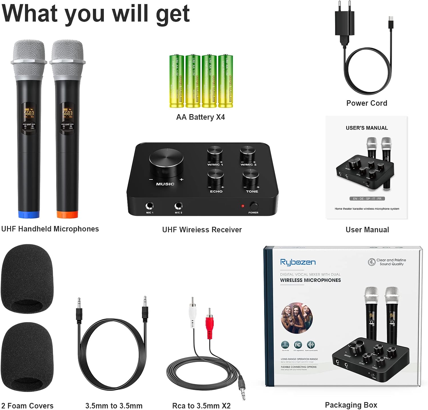 Rybozen Wireless Microphone Karaoke Mixer System, Dual Handheld Wireless Microphone for Karaoke, Smart TV, PC, Speaker, Amplifier, Church