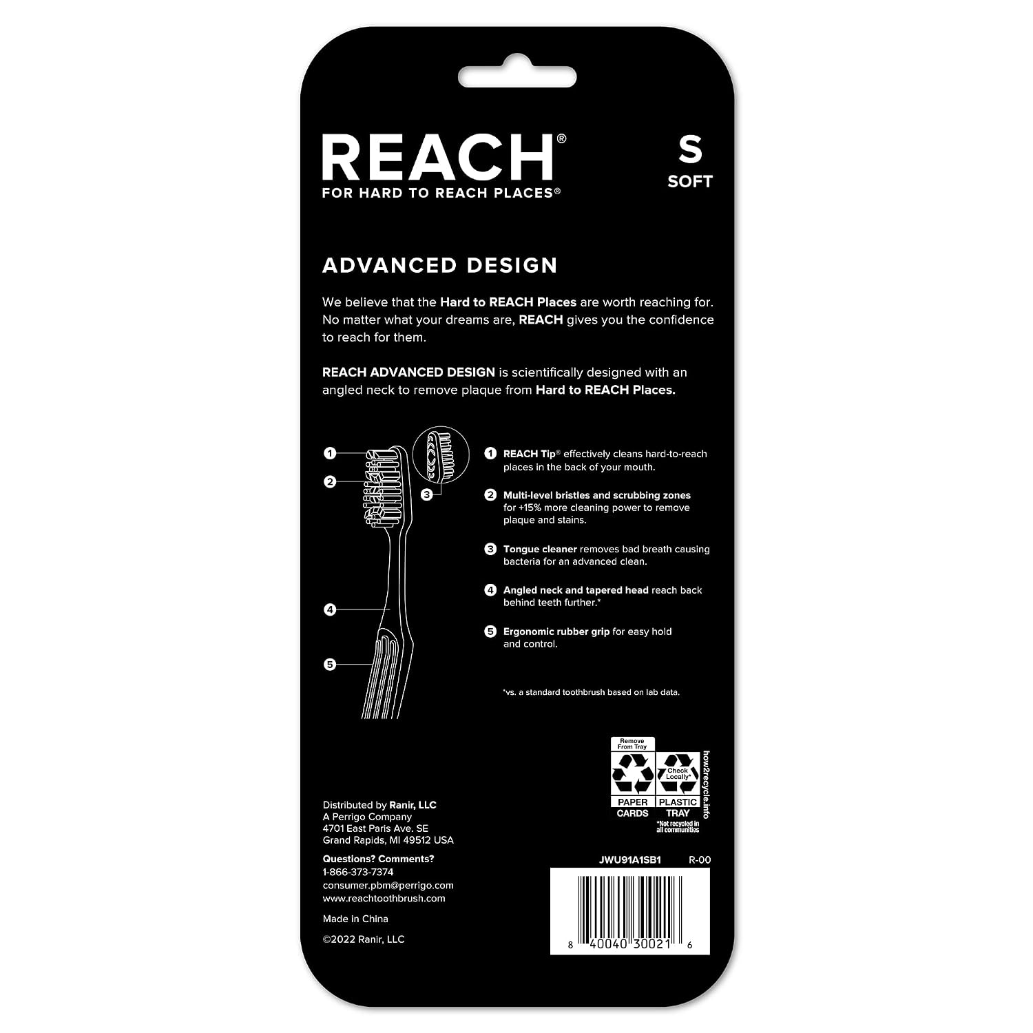 Reach Advanced Design Soft Bristle Toothbrush with Toothbrush Caps, 6 Count