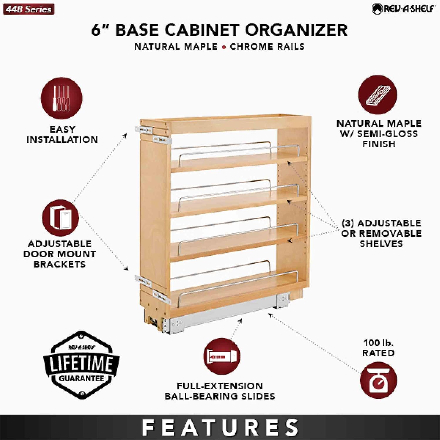 Rev-A-Shelf Pullout Kitchen Cabinet Organizer, Min Cabinet Opening 8.5" W | 8" W Slide Out Pantry Spice or Utensil Storage Rack with Adjustable Shelves for Base Cabinet Organization, 448-BC-8C