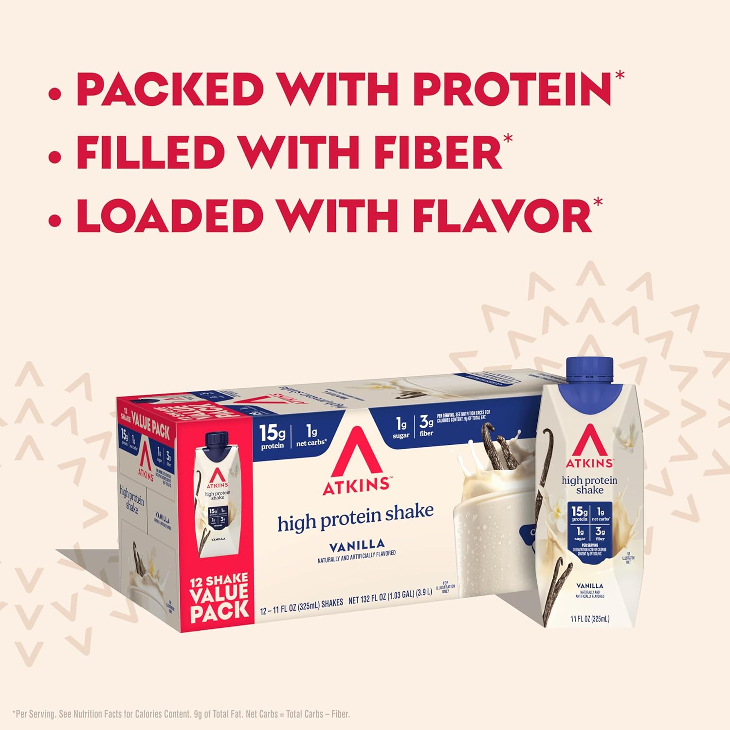 Atkins Vanilla High Protein Shake, 15g Protein, 12 Count | 15g Protein, 3g Fiber, 1g Net Carb, 1g Sugar, Vanilla Flavored, Keto Friendly