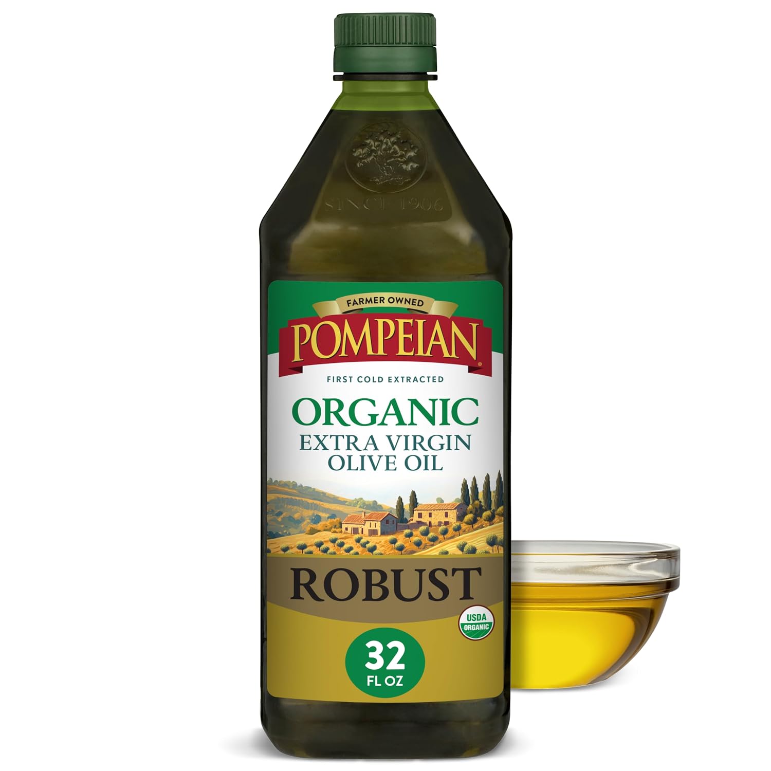 Pompeian Robust Organic Extra Virgin Olive Oil - 16 fl oz | First Cold Pressed Olive Oil for Cooking - Full-Bodied Taste for Dressings and Marinades