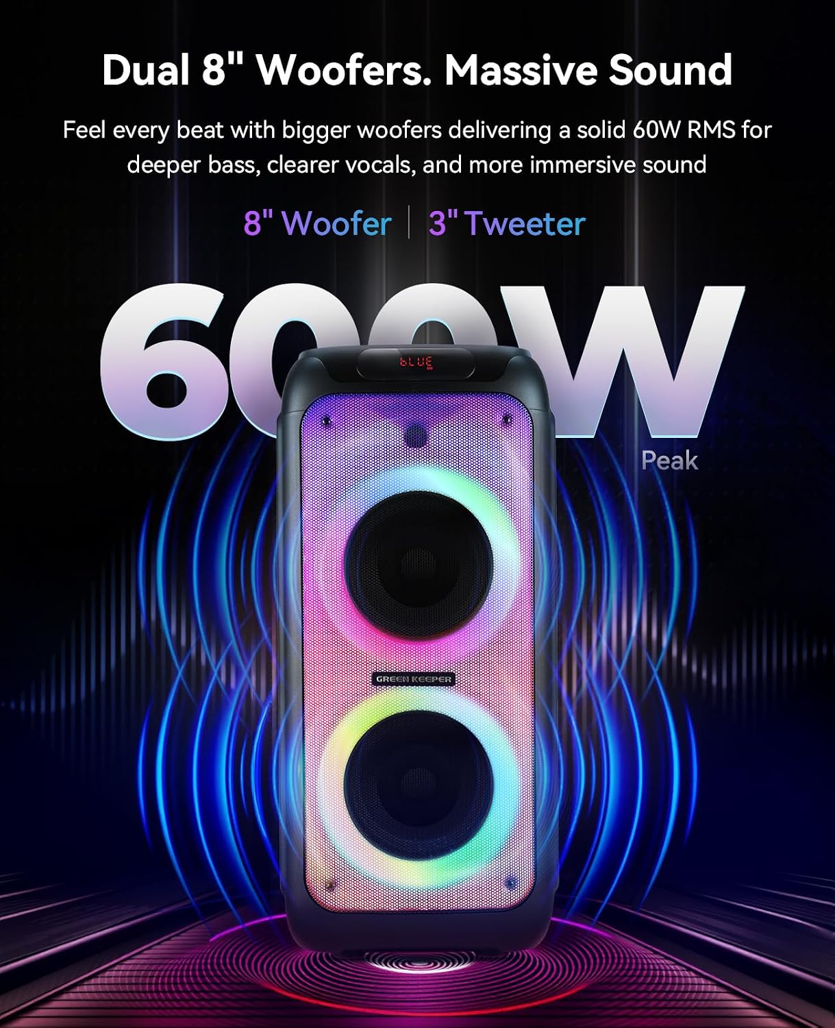 GKD80 Karaoke Machine for Adults with 2 Wireless UHF Microphone, 600W Peak Bluetooth Speaker with Dual 8'' Subwoofers