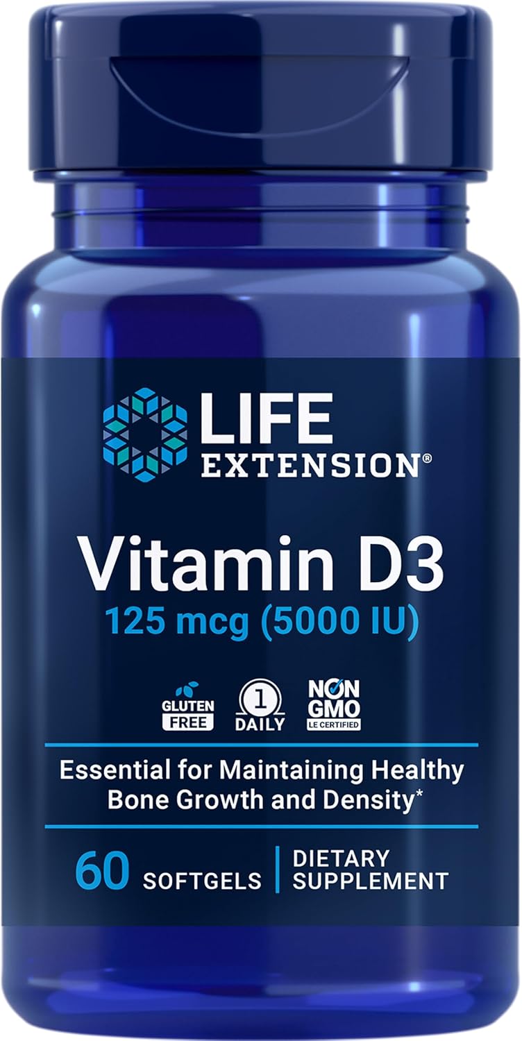 Life Extension Vitamin D3 125 mcg (5000 IU), Bone Health, Brain Performance, Immune System Support, Gluten-Free, Non-GMO, Once Daily, Two-Month Supply, 60 Softgels | Bone Health, Cognitive Health & Immune System Support, Gluten-Free & Non-GMO, Once Daily…