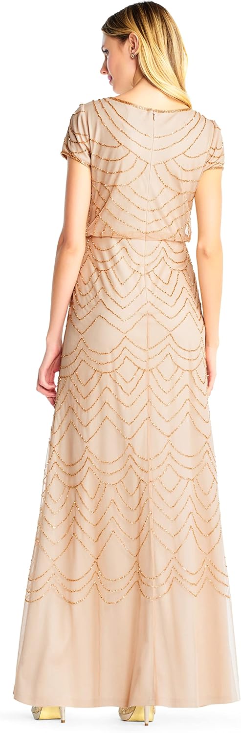 Adrianna Papell Womens Short Sleeve Blouson Beaded Gown