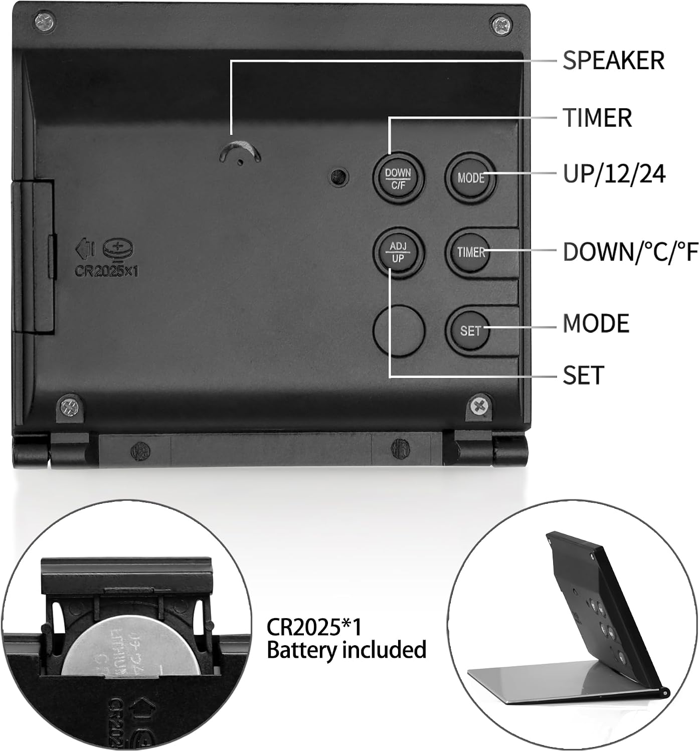 Betus Digital Travel Alarm Clock - Foldable Calendar Temperature Timer LCD Clock with Snooze Mode - Large Number Display, Battery Operated - Compact Desk Clock(Silver, No Backlight)