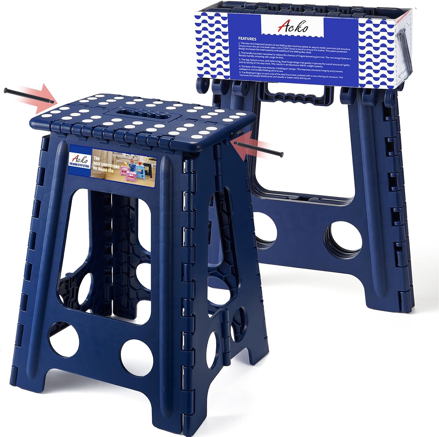 ACKO 13 Inch Folding Step Stool, Holds 300 lb for Adults and Kids, Black | Collapsible Heavy Duty Foldable Stools, Portable Non-Slip Foot Stepping stool, Kitchen Bathroom Bedroom Outdoor with Handle