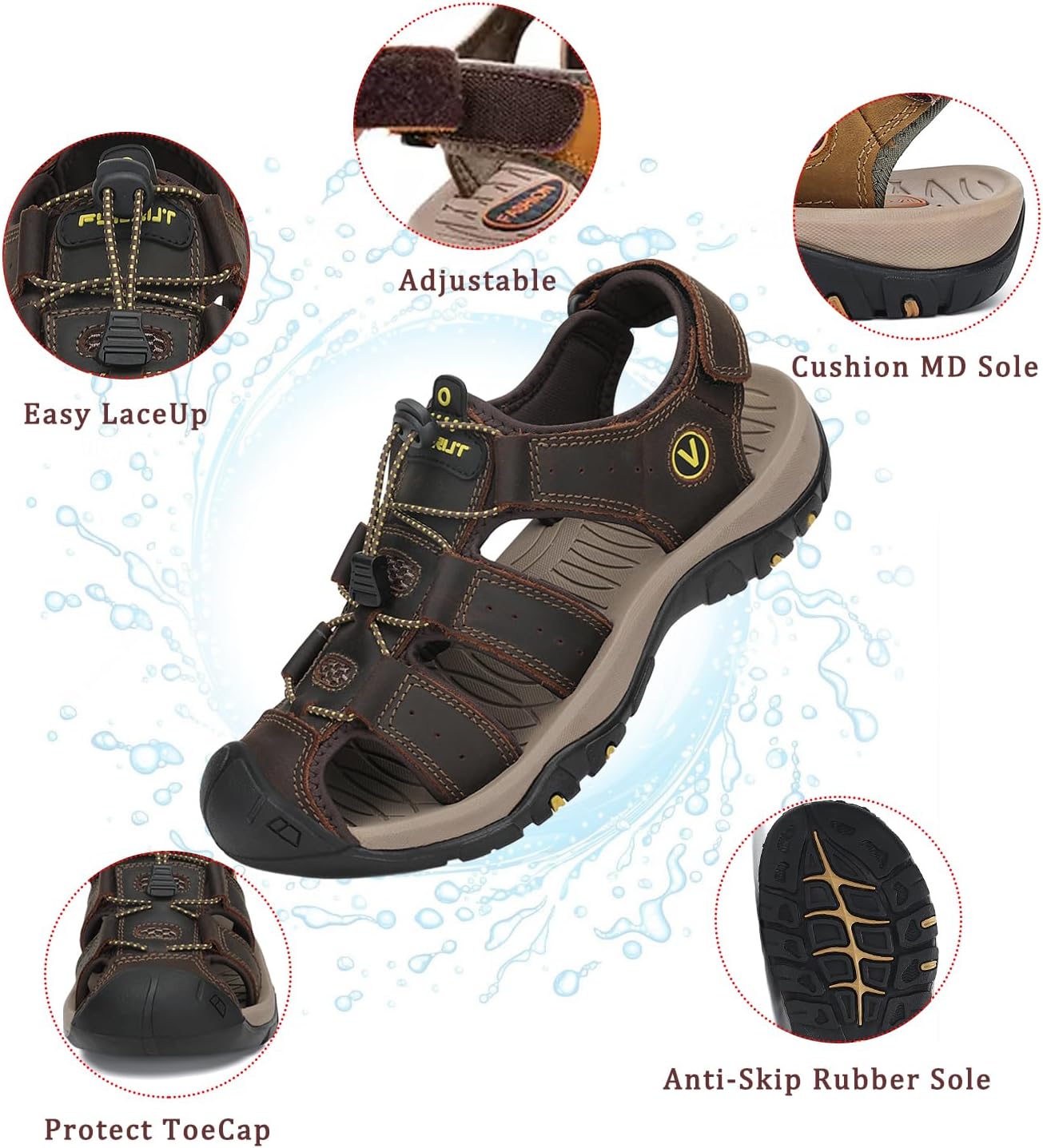 FLARUT Men's Sport Sandals Closed Toe Leather Water Hiking Shoes