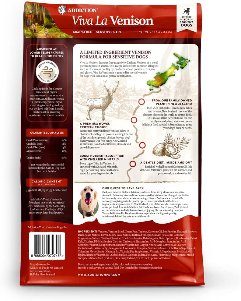 Addiction Viva La Venison Dog Food – Grain-Free Dry Dog Food with Novel Protein & Prebiotics, No Chicken, Beef, or Turkey – Ideal for All Dogs & Puppies – Made in New Zealand 4lb
