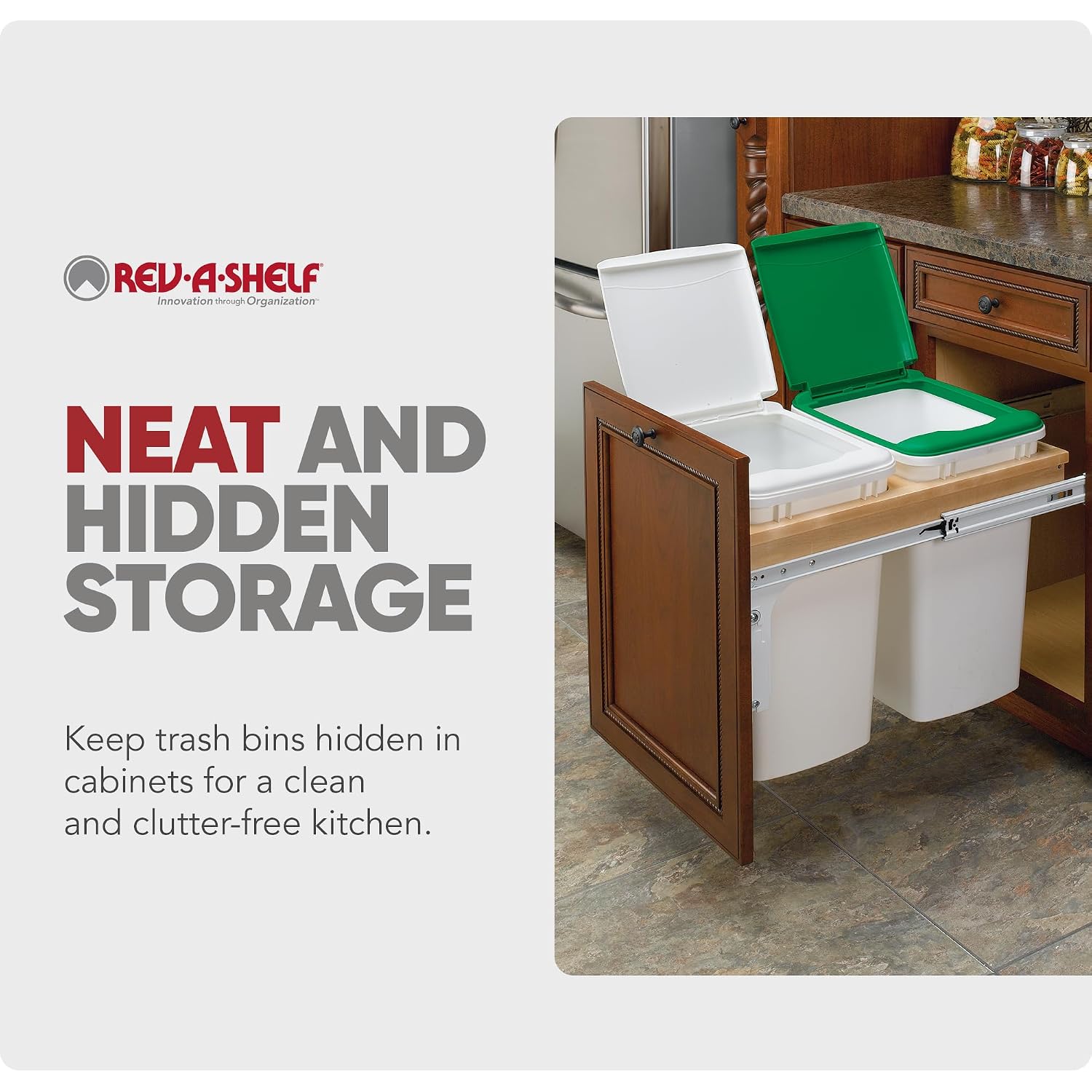 Rev-A-Shelf 35 Qt Top Mount Double Pullout Under Cabinet Kitchen Trash Cans for Base Cabinets, 150 Pound Rated Full-Extension Slides, Min Opening Width of 14.75", White, 4WCTM-18DM2-162