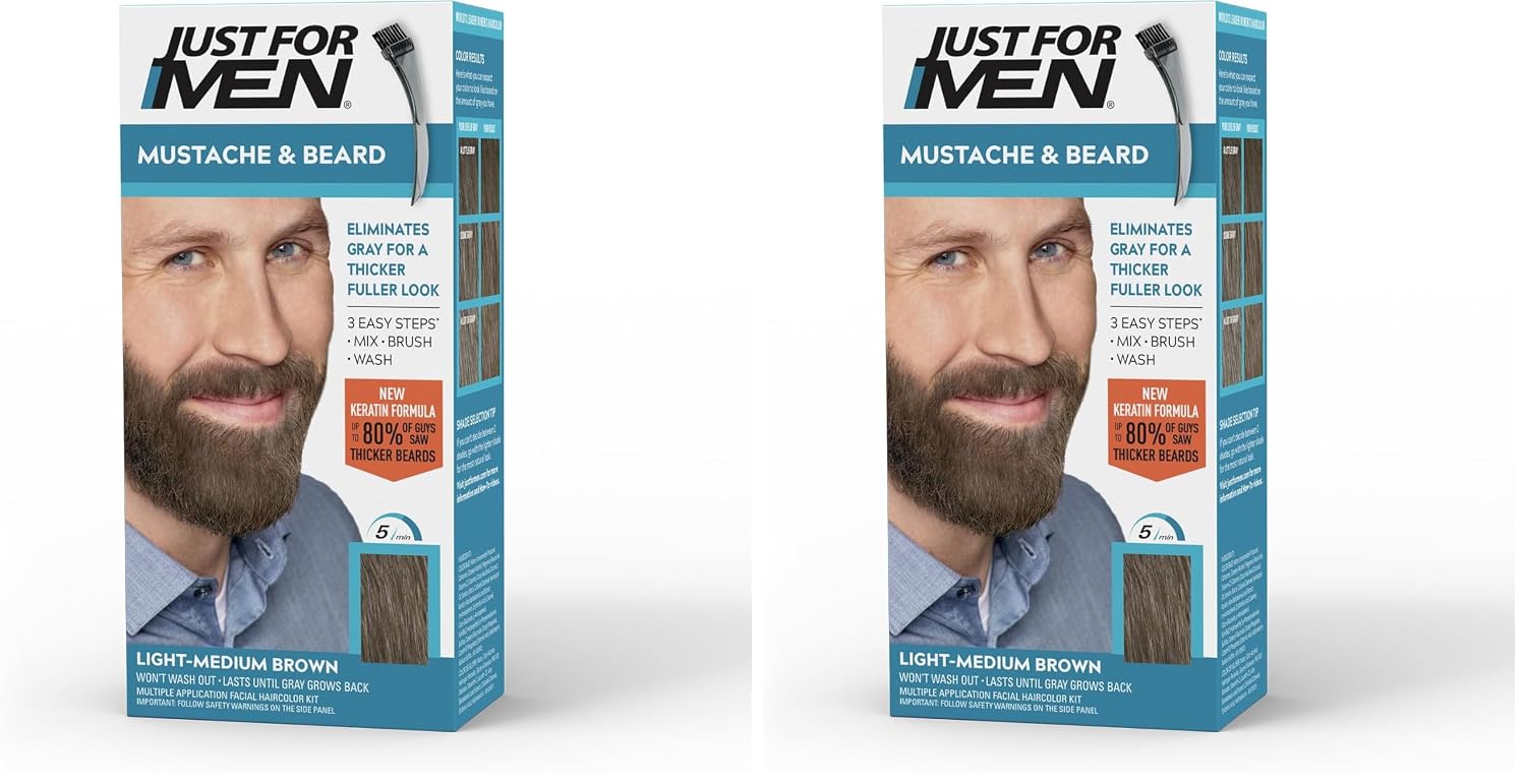 JUST FOR MEN Mustache & Beard Dye, Keratin, Light-Medium Brown M-30 (3 Pk) | Mustache & Beard color light-medium brown designed for facial hair to instantly eliminate gray. Enhanced with keratin.