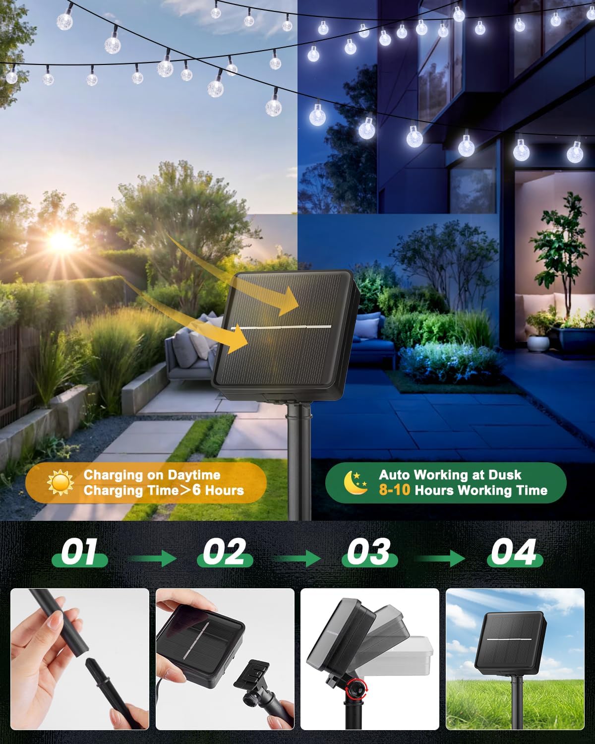 Brightown Solar String Lights Outdoor 60 Led 35.6 Feet Crystal Globe Lights with 8 Lighting Modes