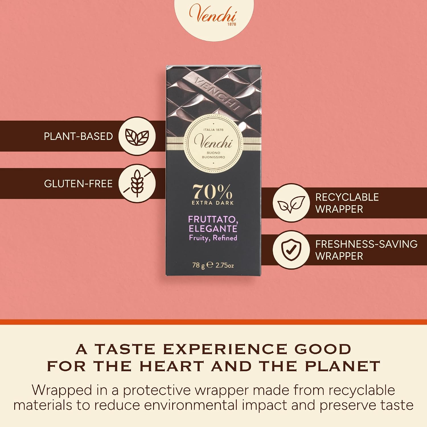 Venchi - Venezuelan Cocoa Blend - 85% Dark Chocolate Bar, 2.46oz - Single Origin Premium Fine Chocolate - Naturally Gluten Free - Vegan