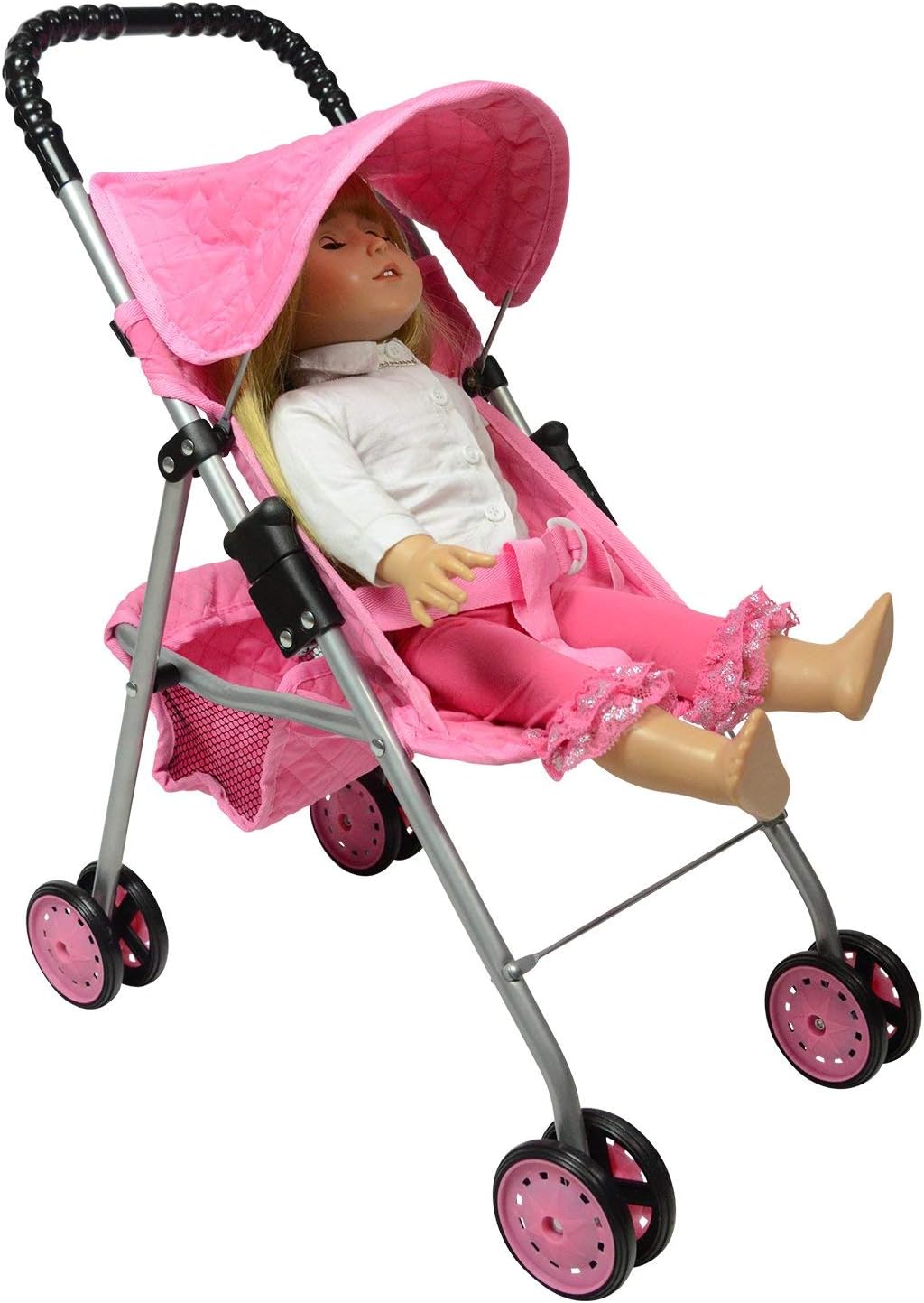 The New York Doll Collection My First Doll Stroller with Basket & Heart Design Foldable Doll Stroller, Pink