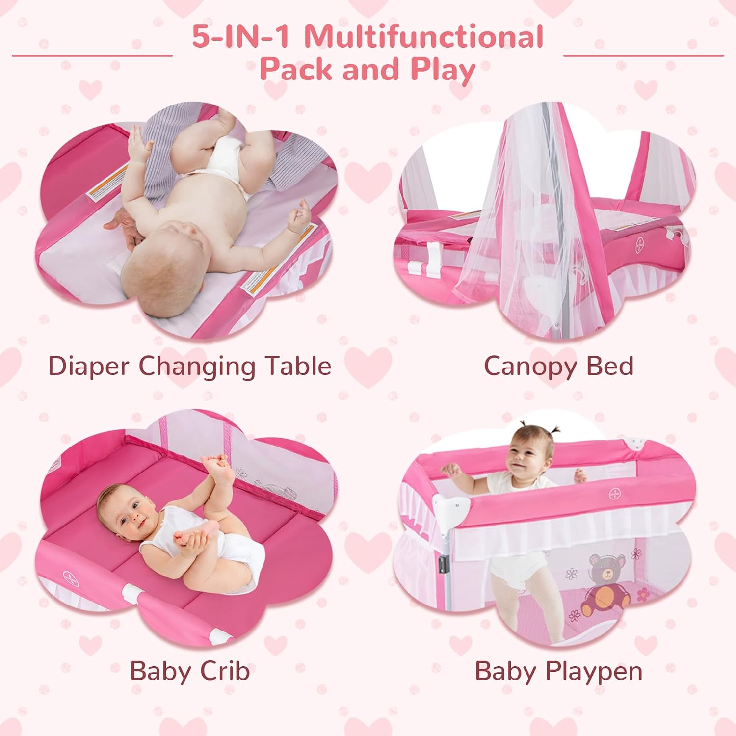 HONEY JOY 4-in-1 Pack and Play with Canopy, Portable Baby Playard w/Changing Table and Infant Bassinet Cute Toys & Music