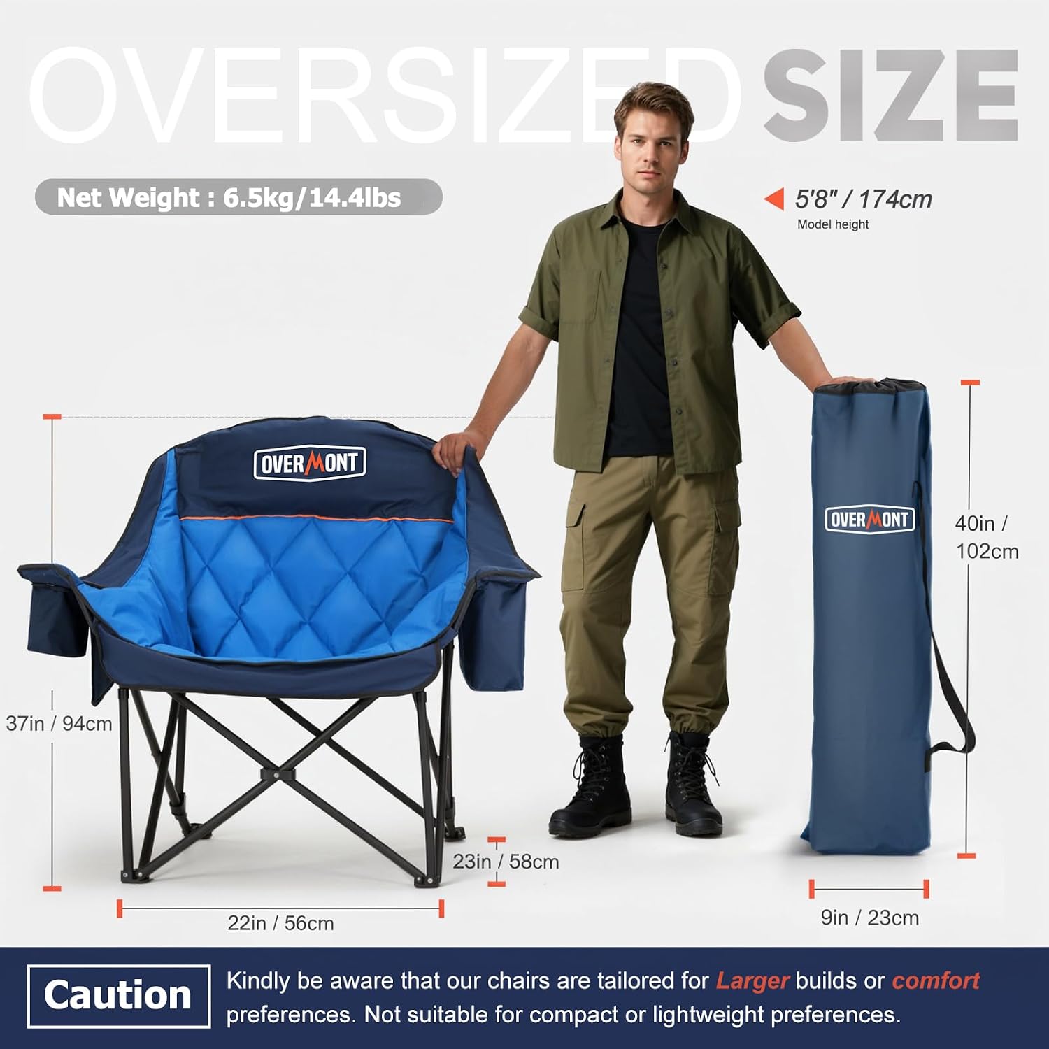 Overmont Oversized XL Camping Chair for Adults - 500lbs Support Heavy-Duty Padded Folding Chair with Side Pocket Cup Holder Cooling Bag for Outdoor Sports Garden Beach Fishing Lawn Black