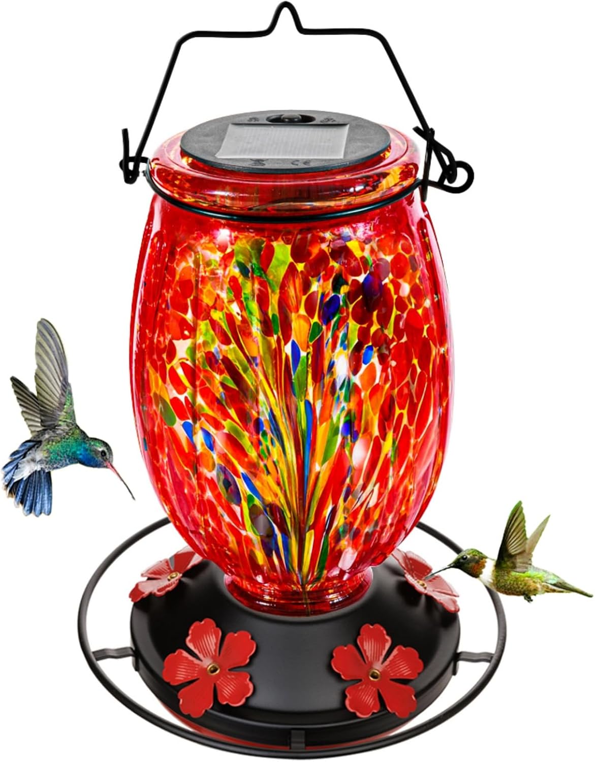 Solar Hummingbird Feeder for Outdoors Hanging Patio Designed 32 Ounces Colorful Hand Blown Glass Hummingbird Feeder 5 Feeding Ports with Perch Never