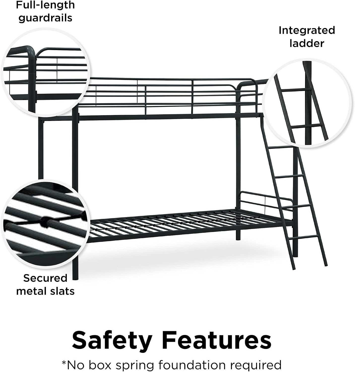 DHP Twin-Over-Futon Convertible Couch and Bed with Metal Frame, Ladder and Guardrails - Black