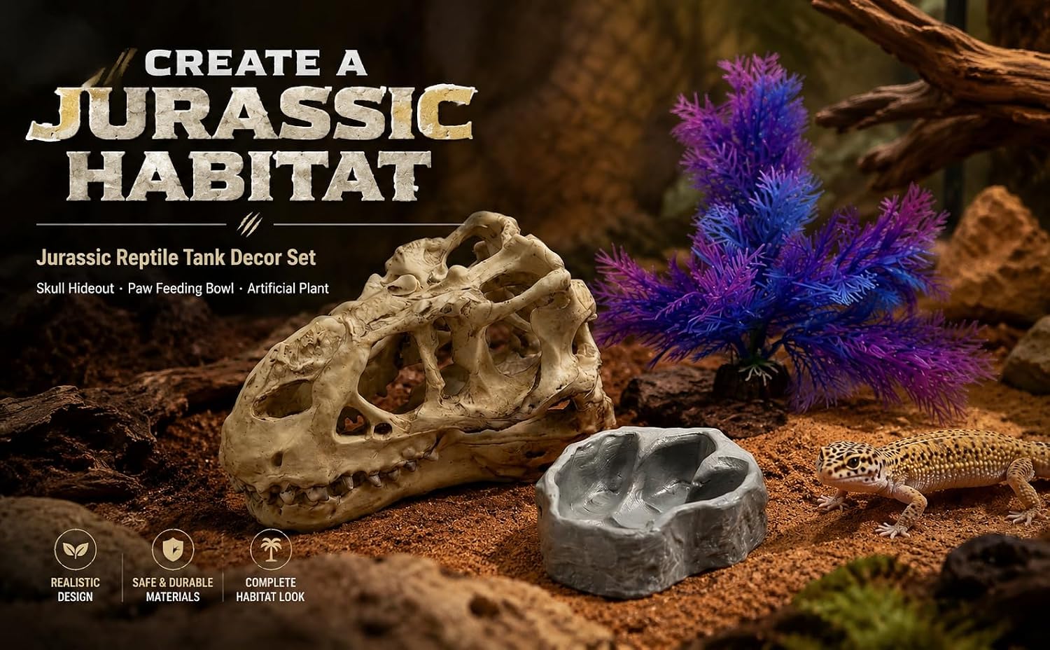 Reptile Tank Accessories Set, Dinosaur Skull Decor with Footprint Reptile Bowl and Artificial Plant, Bearded Dragon Tank Accessories