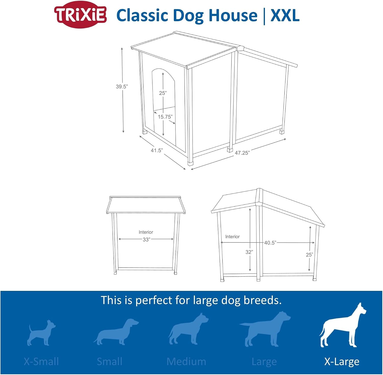 Trixie Natura Classic Dog House - Wooden Outdoor Shelter with Weatherproof Sealer, Hinged Roof & Adjustable Legs for Medium Dogs - Gray - 27 x 41 x 28.5 in
