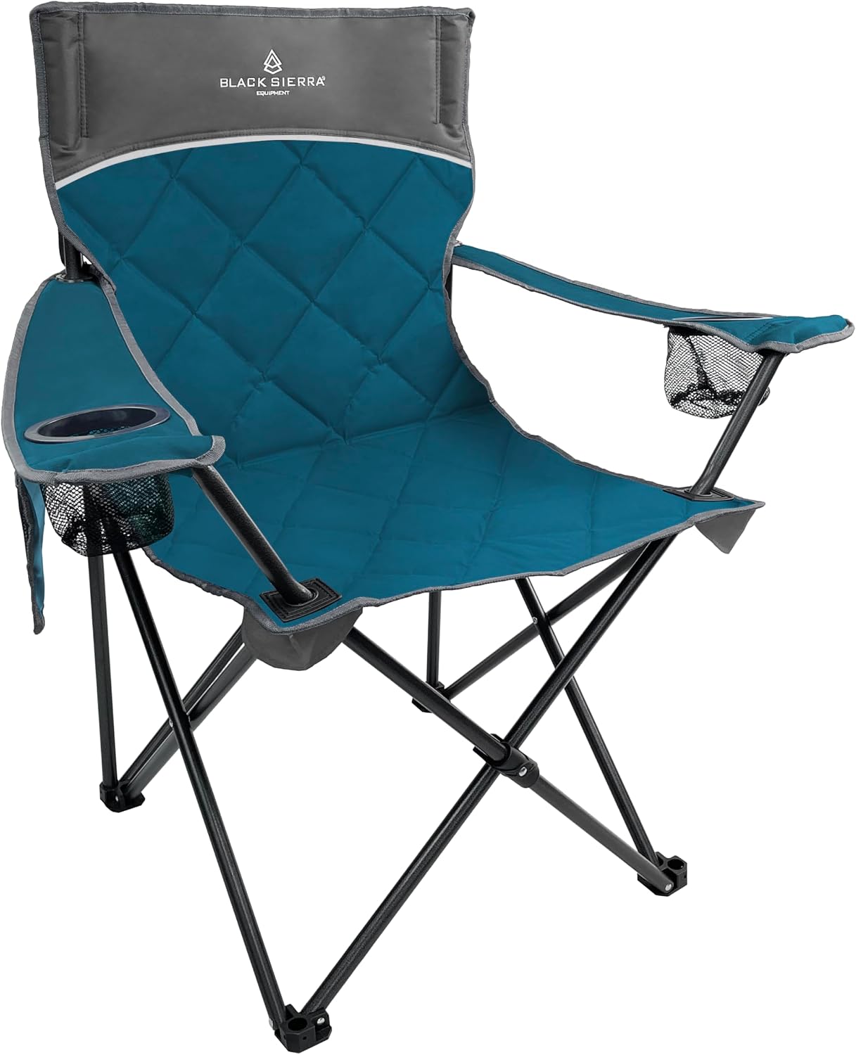 Black Sierra Quilted Padded Camping Chair, Oversized Heavy Duty Outdoor Lounge Seat Supports 300 lbs, Portable, Folding with Cup Holder for Beach, Tailgating, Sports, Patio