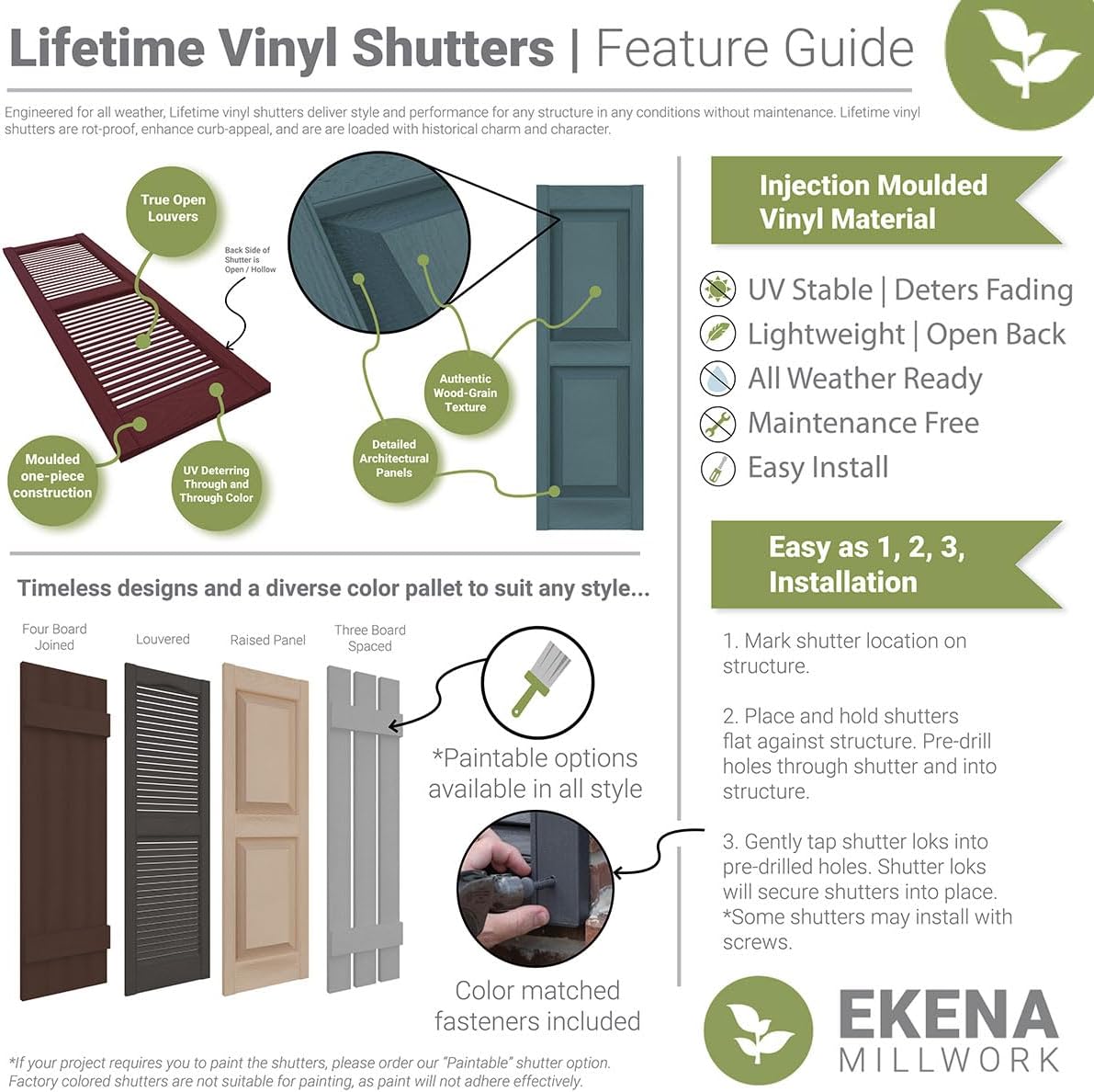 Ekena Millwork Lifetime Vinyl LL1S12X03600BL Standard Cathedral Top Center Mullion, Open Louver Vinyl Shutters, w/Installation Shutter-Lok's & Matching Screws (Per Pair), 12"W x 36"H, Black