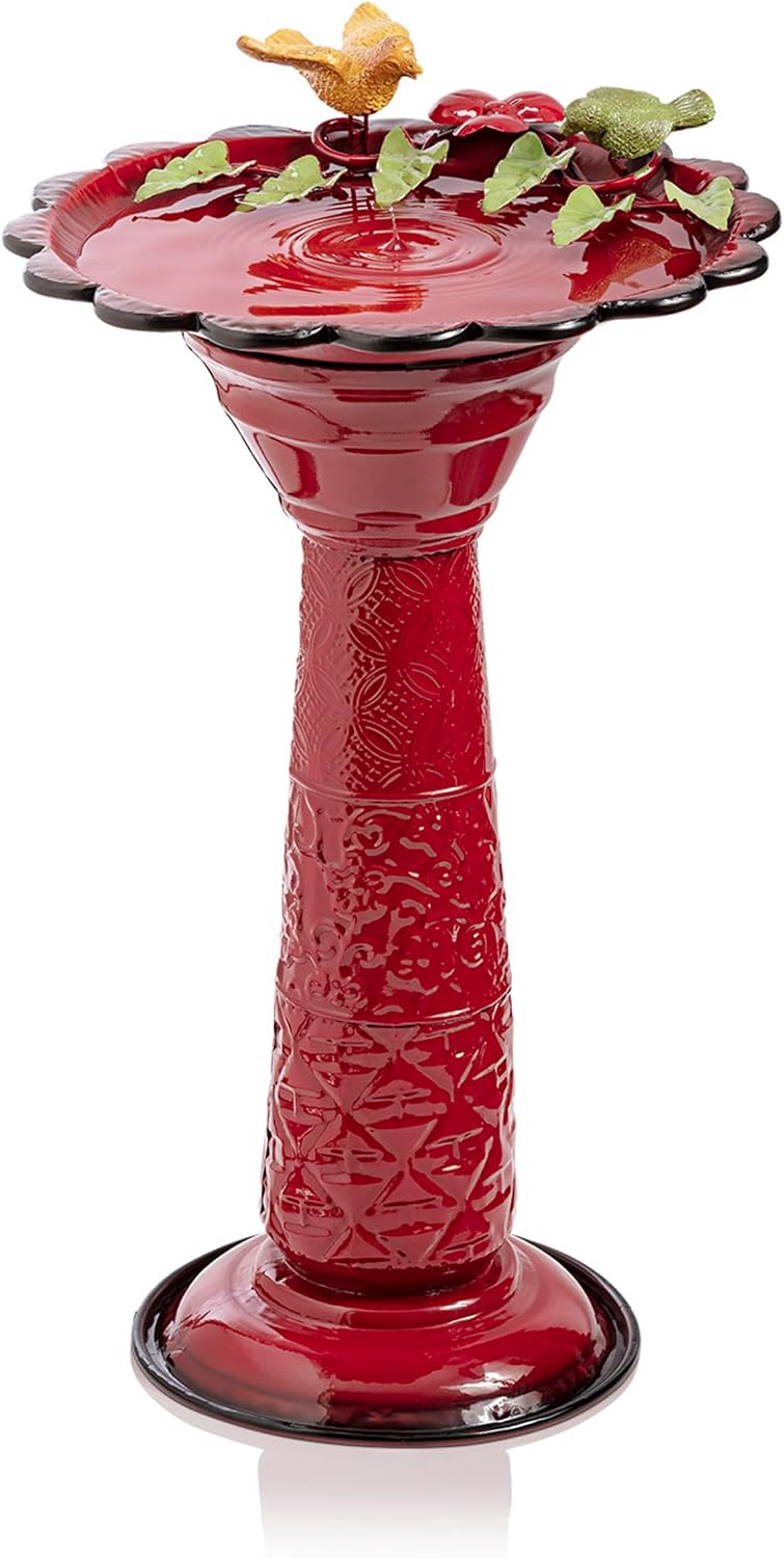 Alpine Corporation - 28" Tall Outdoor Metal Birdbath with Birds and Leaves Yard Statue Decoration, Red – Stunning Garden Accent to Attract Birds - Durable Construction for Patio, Deck, or Yard