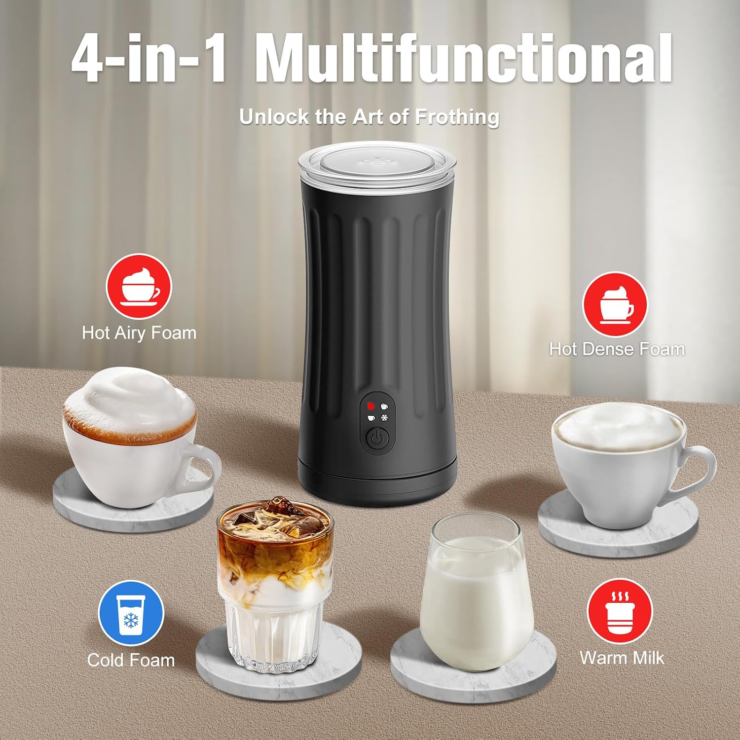 Milk Frother, 4-in-1 Milk Steamer and Frother, 8.1oz, White | Milk Warm and Cold Foam Maker, Auto Shut-Off Frother for Coffee, Latte, Cappuccino, Macchiato