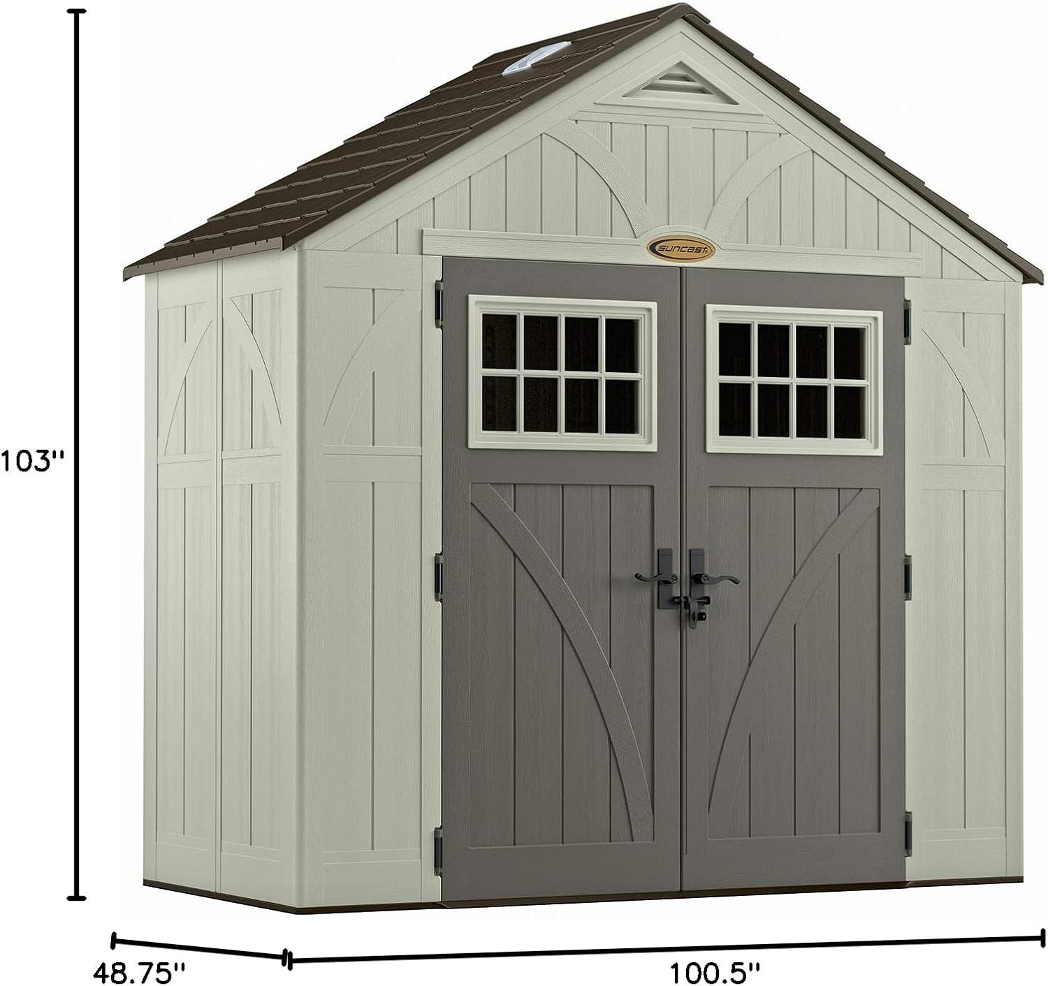 Suncast 8' x 4' Heavy-Duty Resin Tremont Storage Shed with Reinforced Floor, Skylights for Natural Light, Lockable Double Doors, Sand Finish